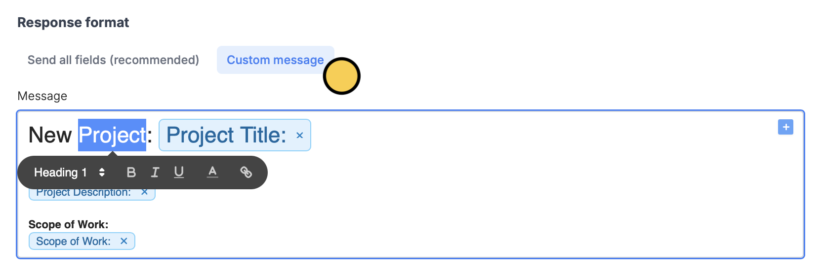 Screenshot of the Integrate tab of a form