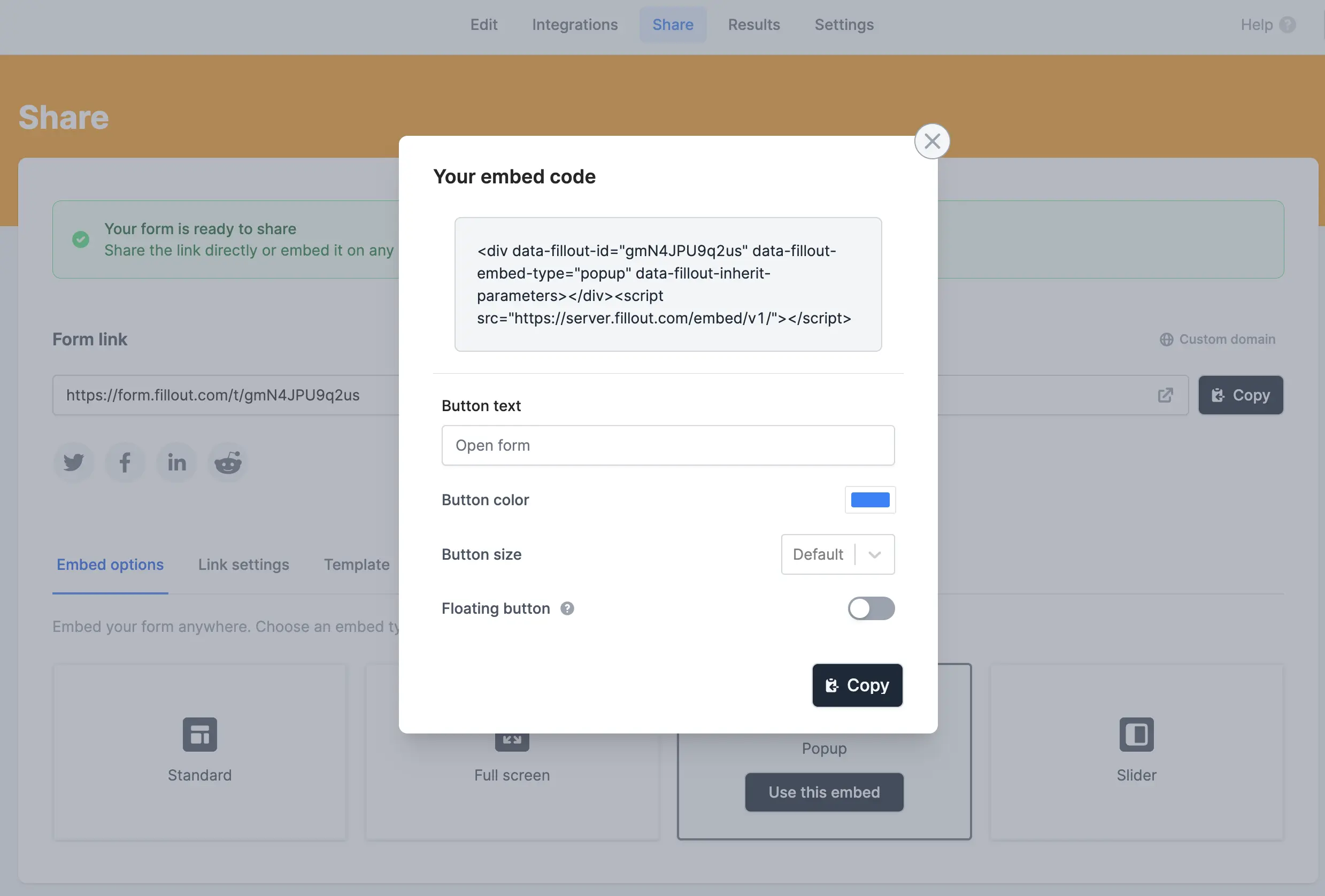 Copy an embed snippet for a Fillout form