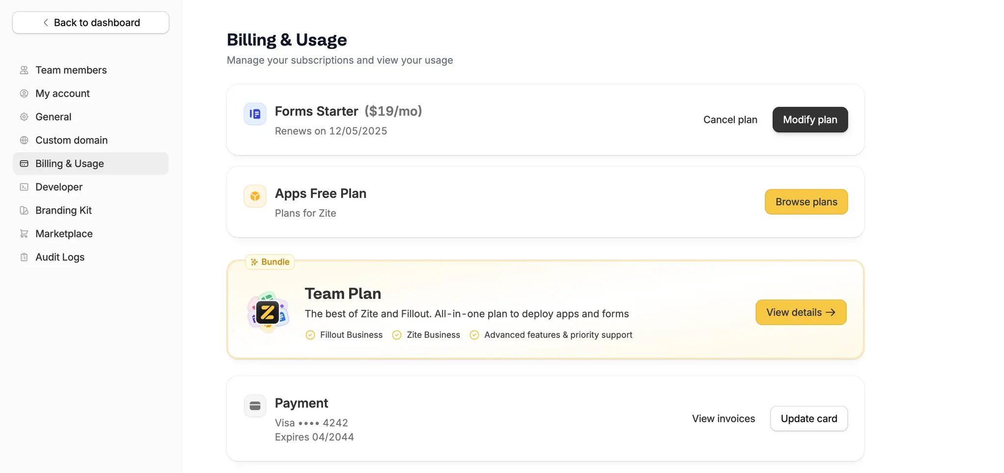 Unified billing and usage page showing Team plan and all product subscriptions in one place