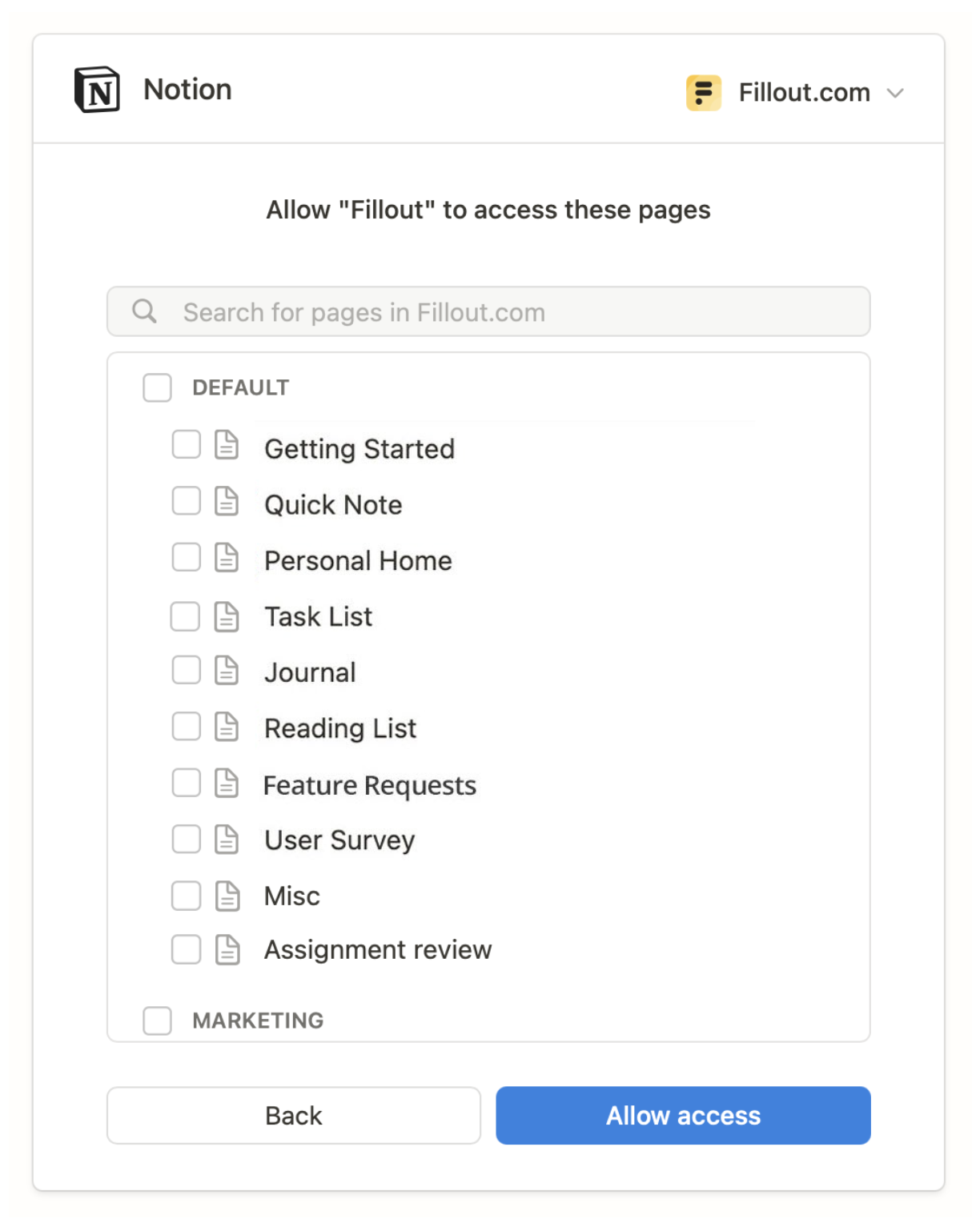 Screenshot of the Notion form creation page