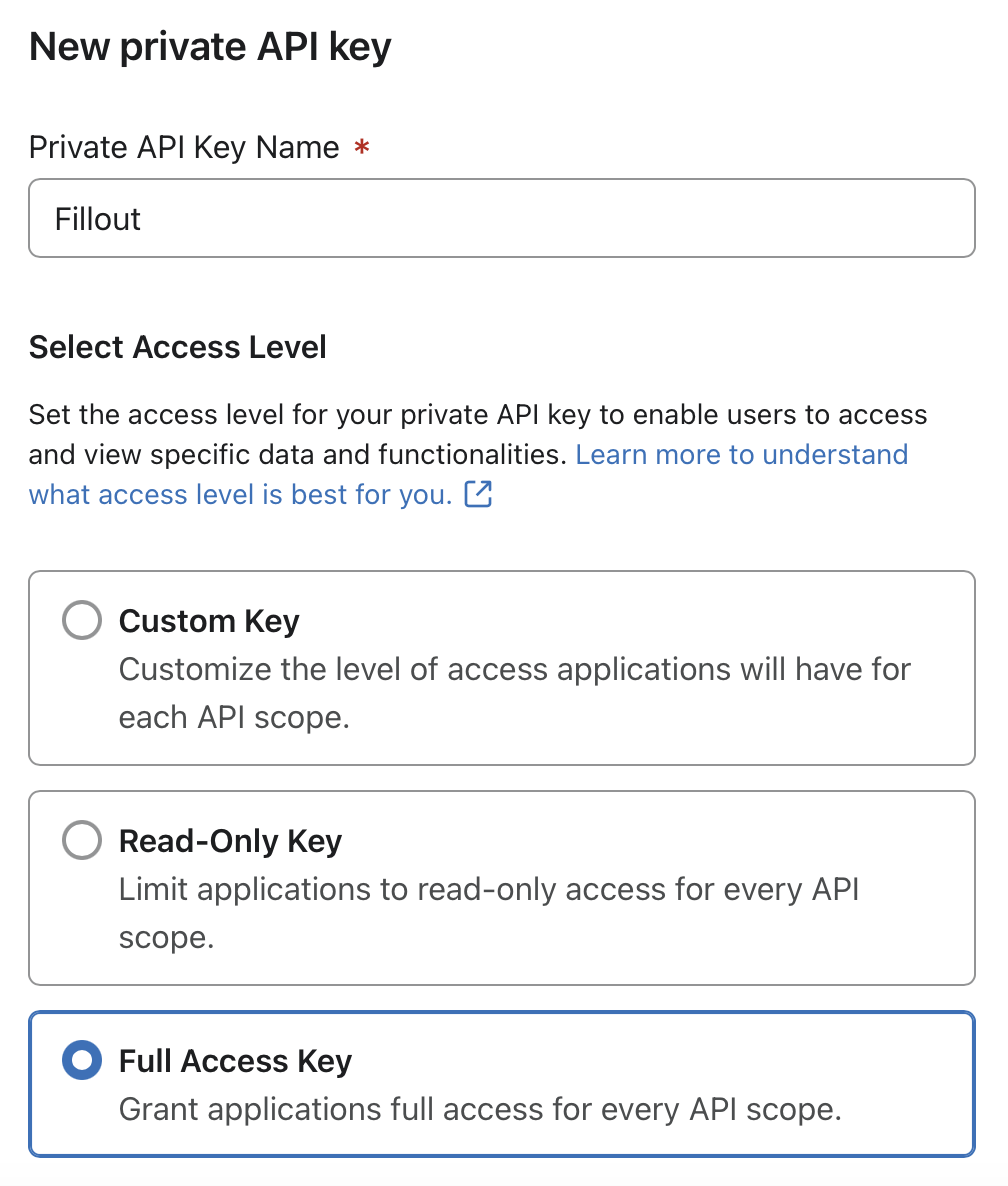 Screenshot of the Fillout form creation page