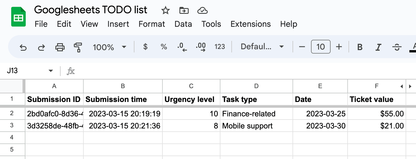 Screenshot of the Google Sheets form creation page