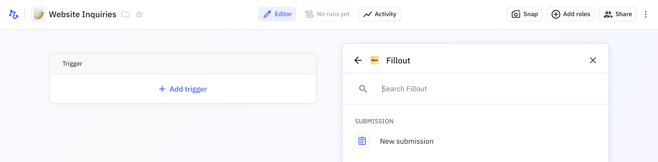 Screenshot of the Integrate tab of a form