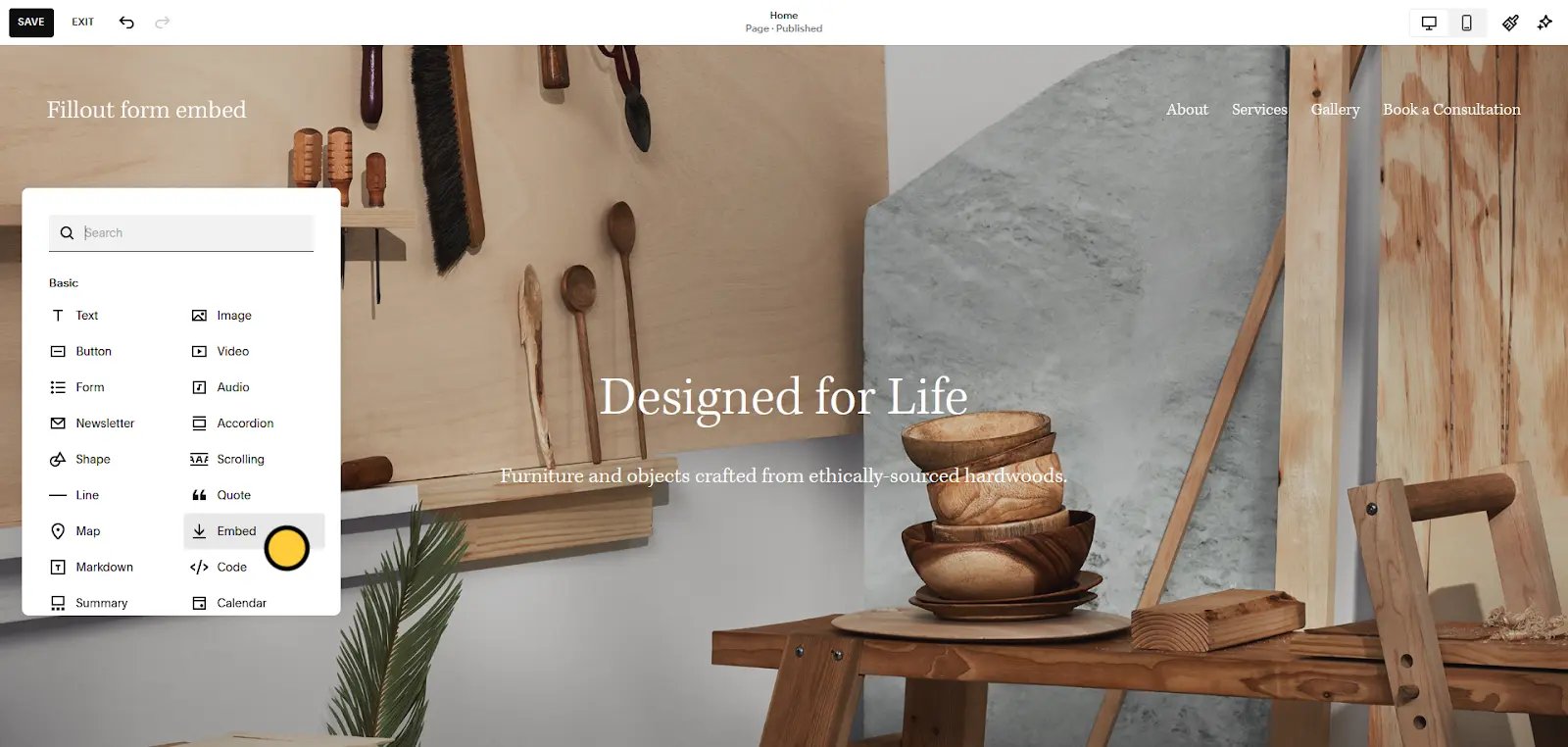 Screenshot of the Embed block in Squarespace