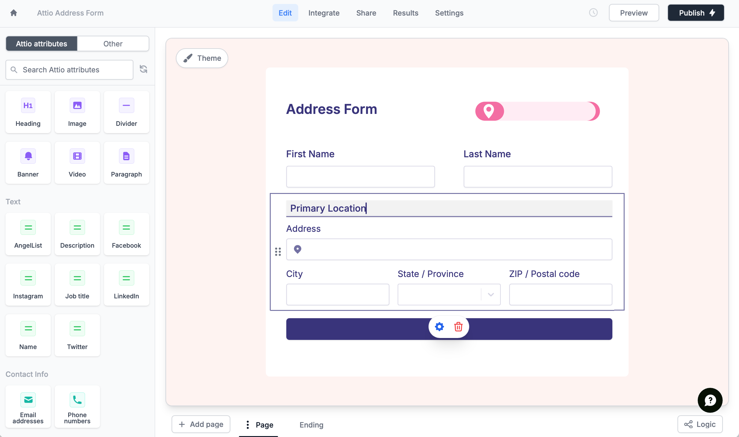 Screenshot of the Attio form creation page
