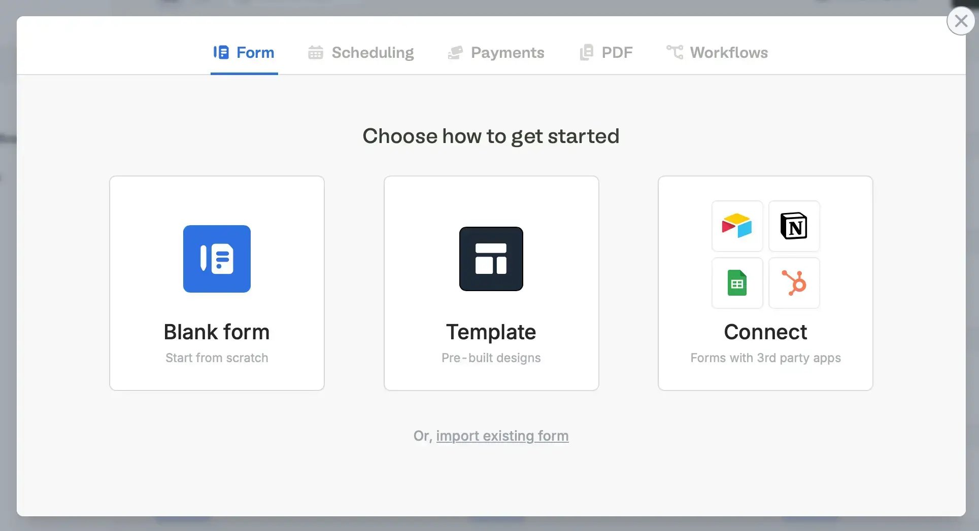 Screenshot of the Google Sheets form creation page