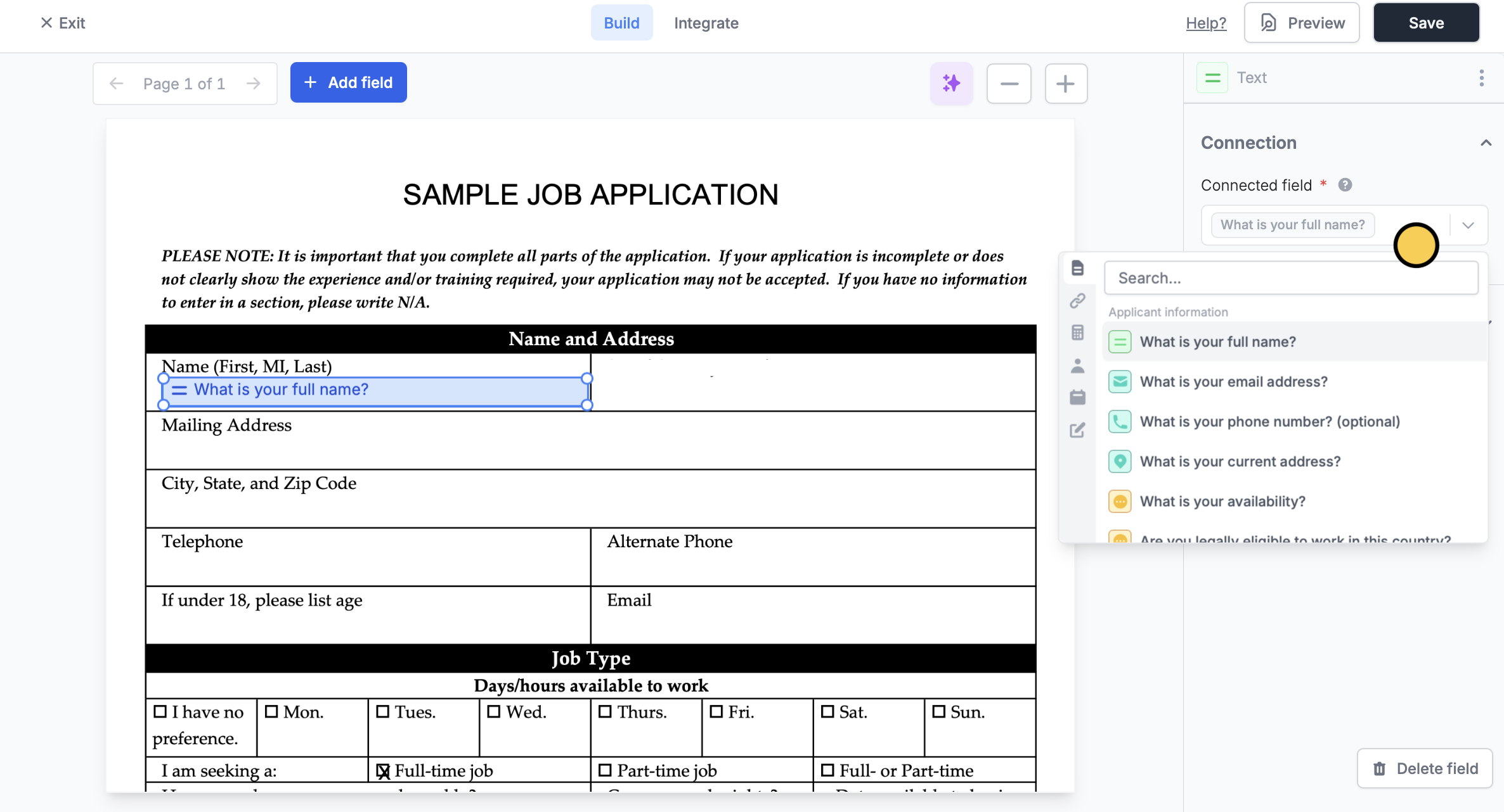 Screenshot of the Integrate tab of a form