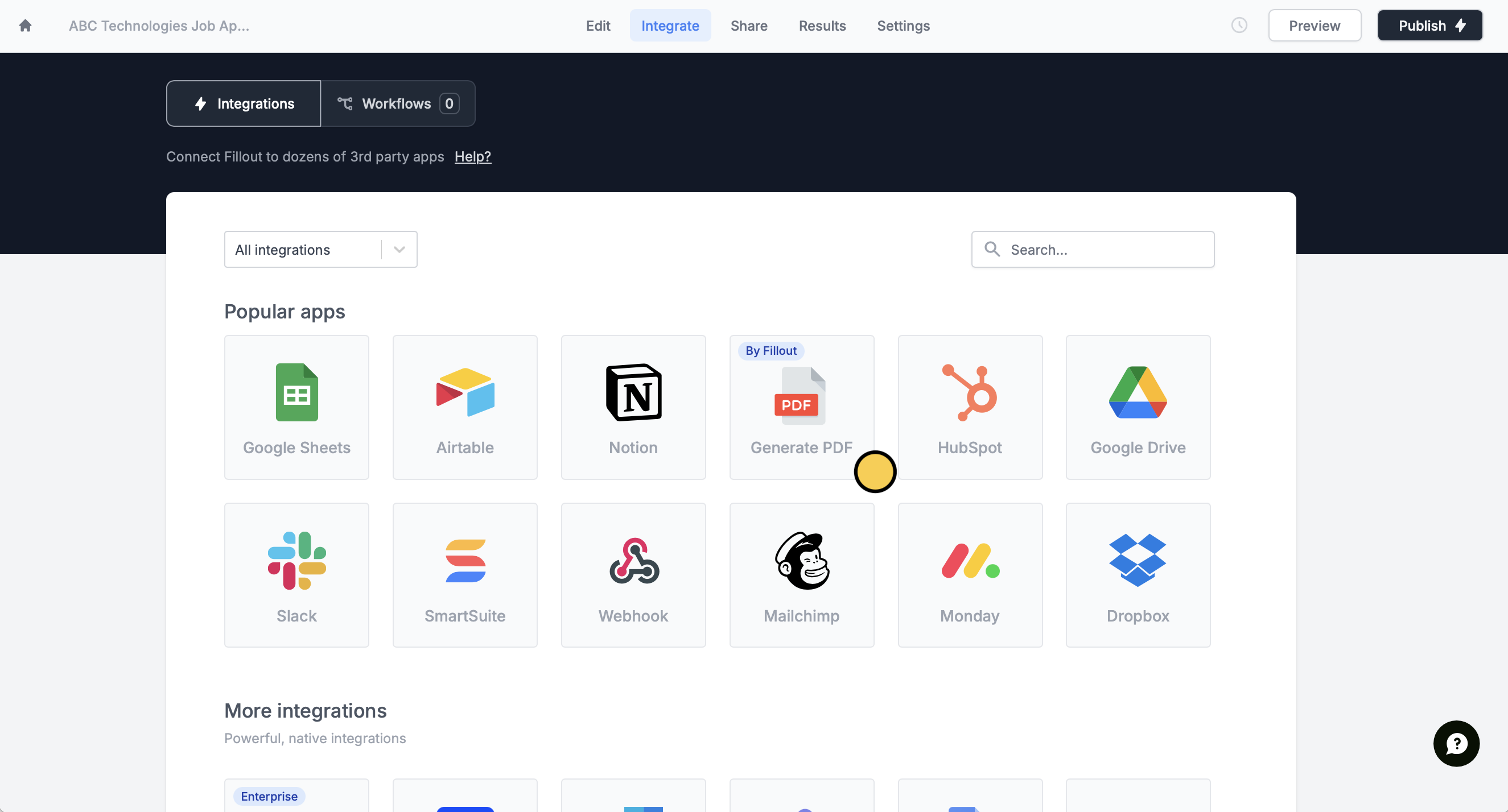 Screenshot of the Integrate tab of a form