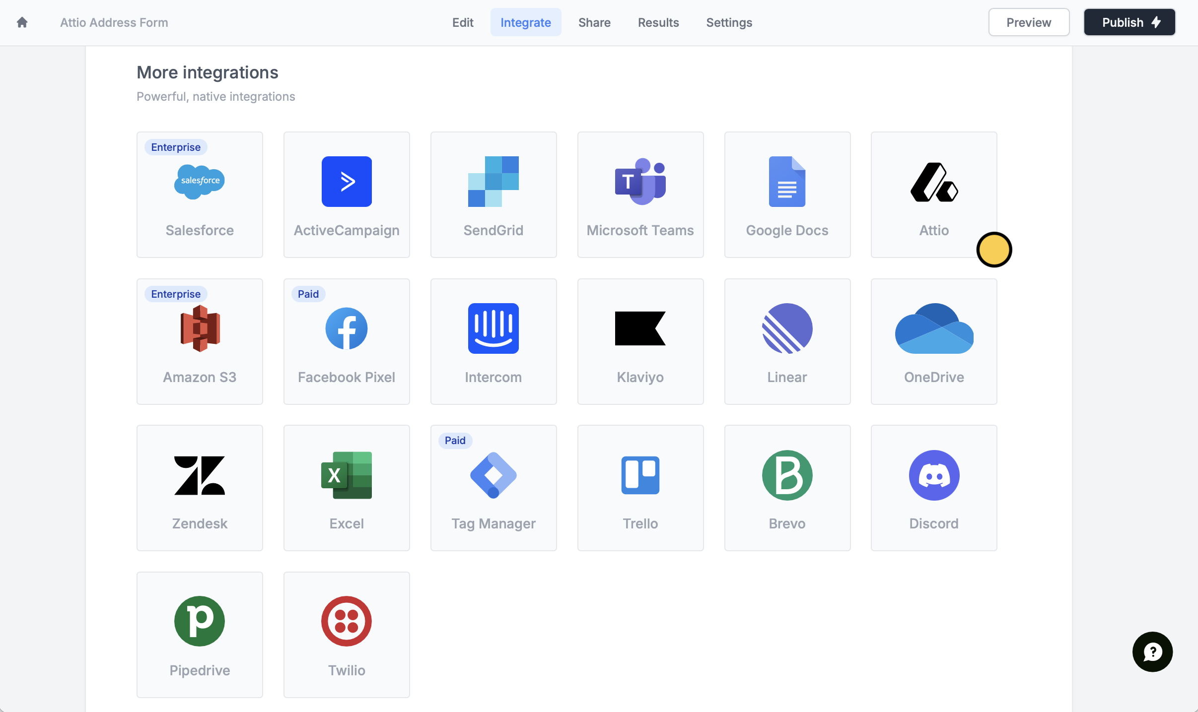 Screenshot of the Attio form creation page