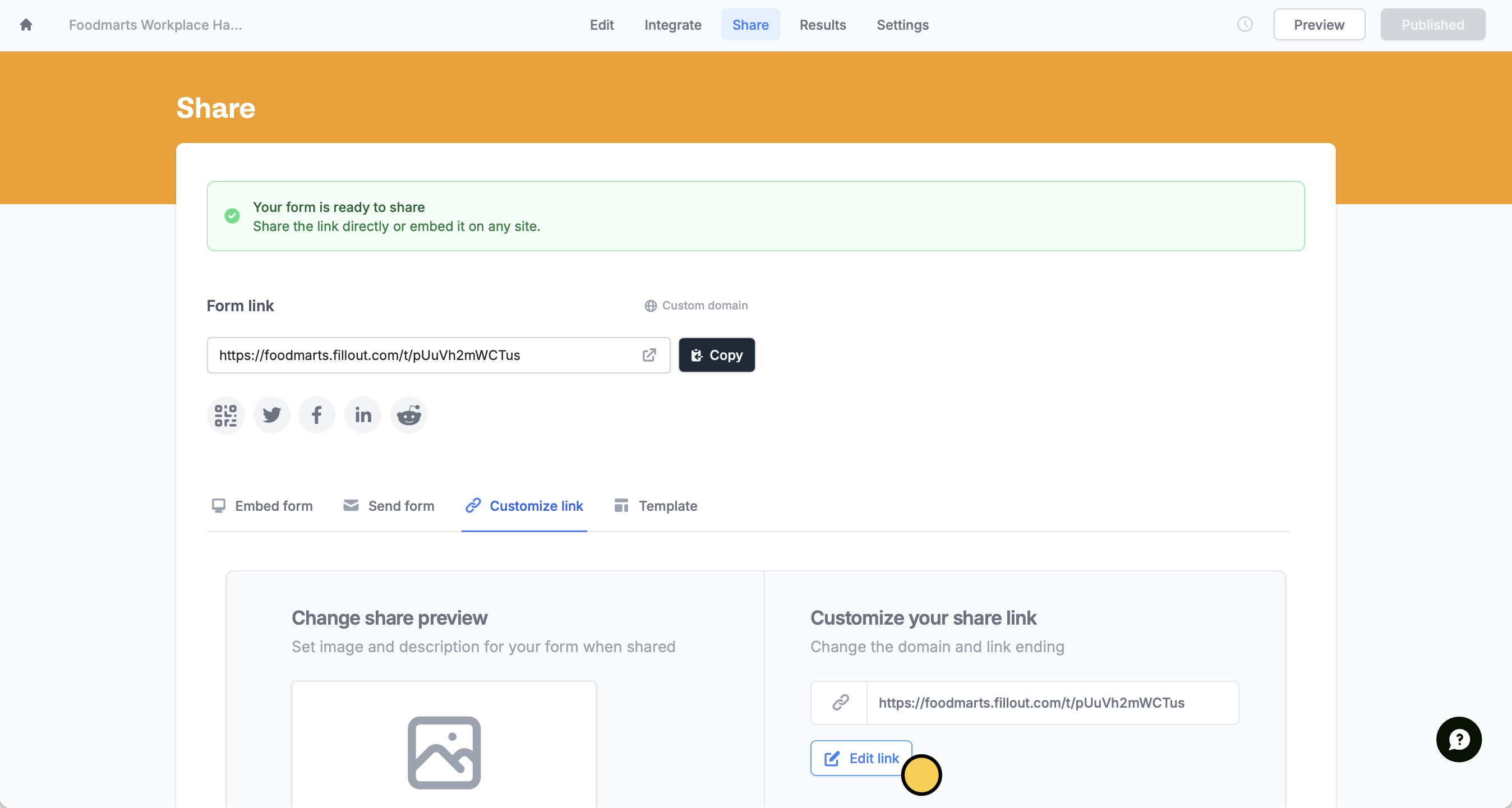 Screenshot of the Share tab of a form