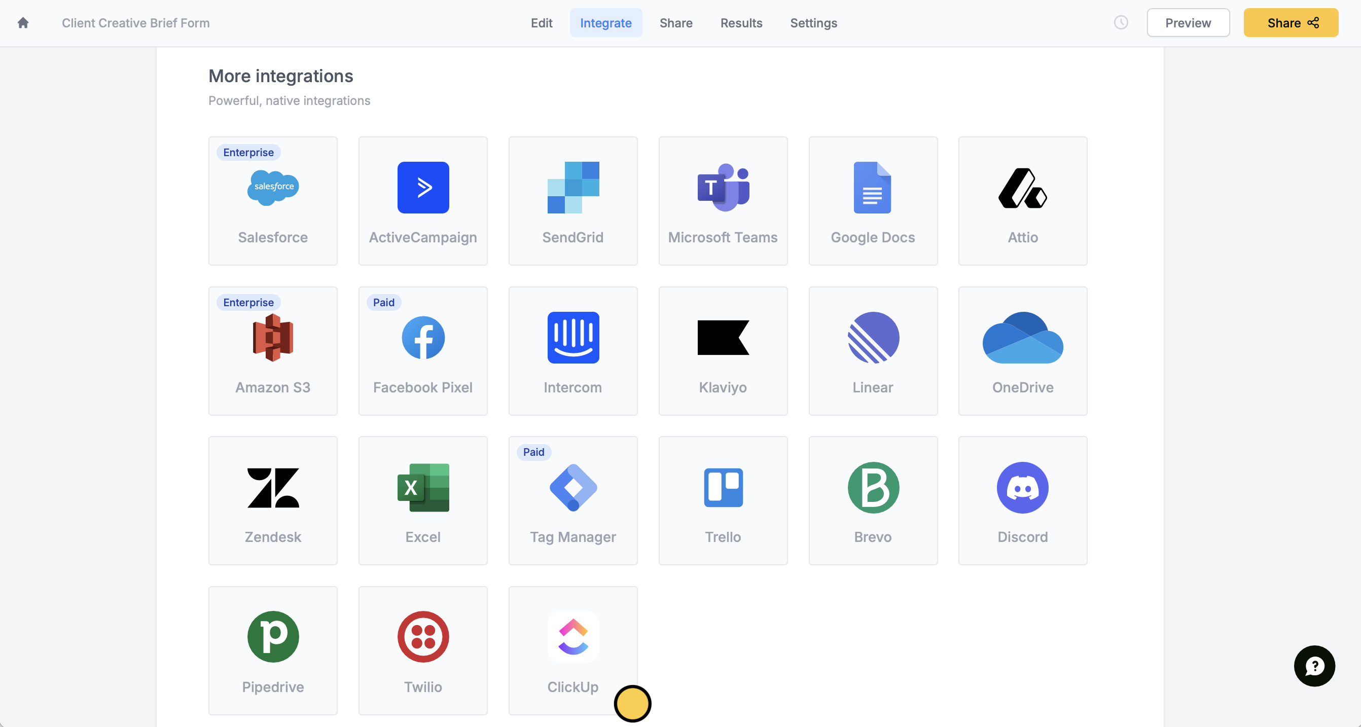 Screenshot of the Integrate tab of a form