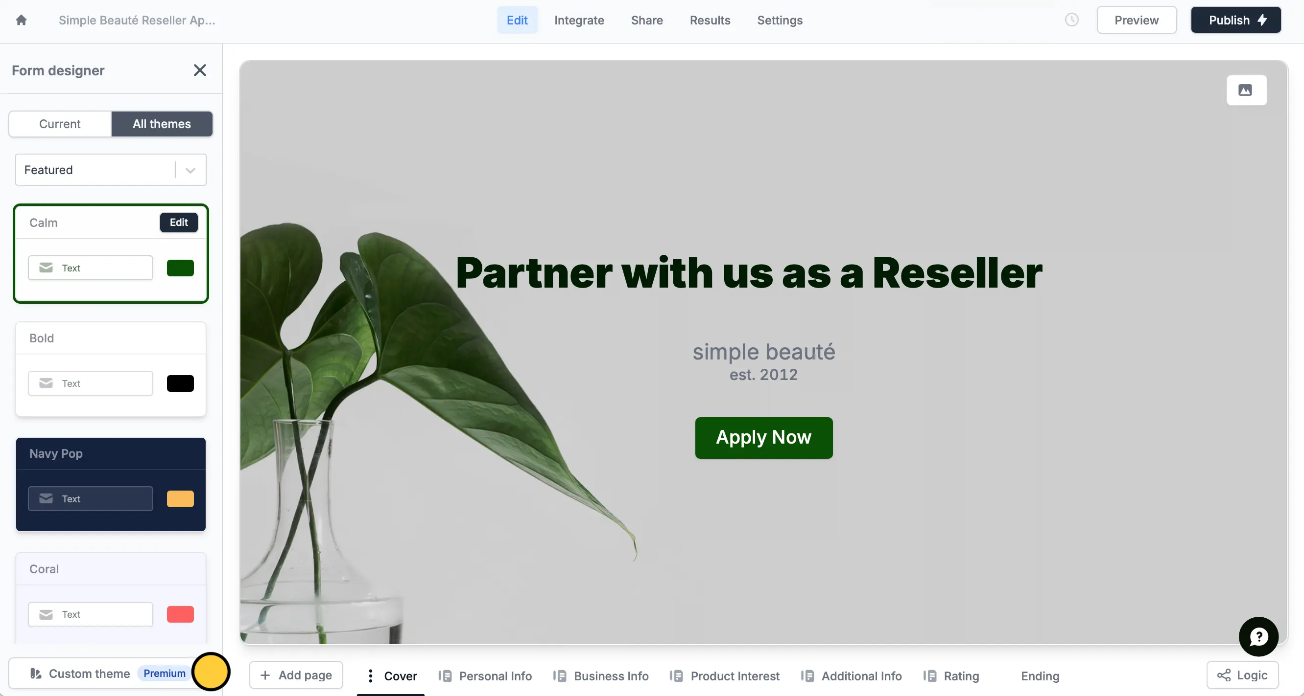 Screenshot of the Theme tab of a form