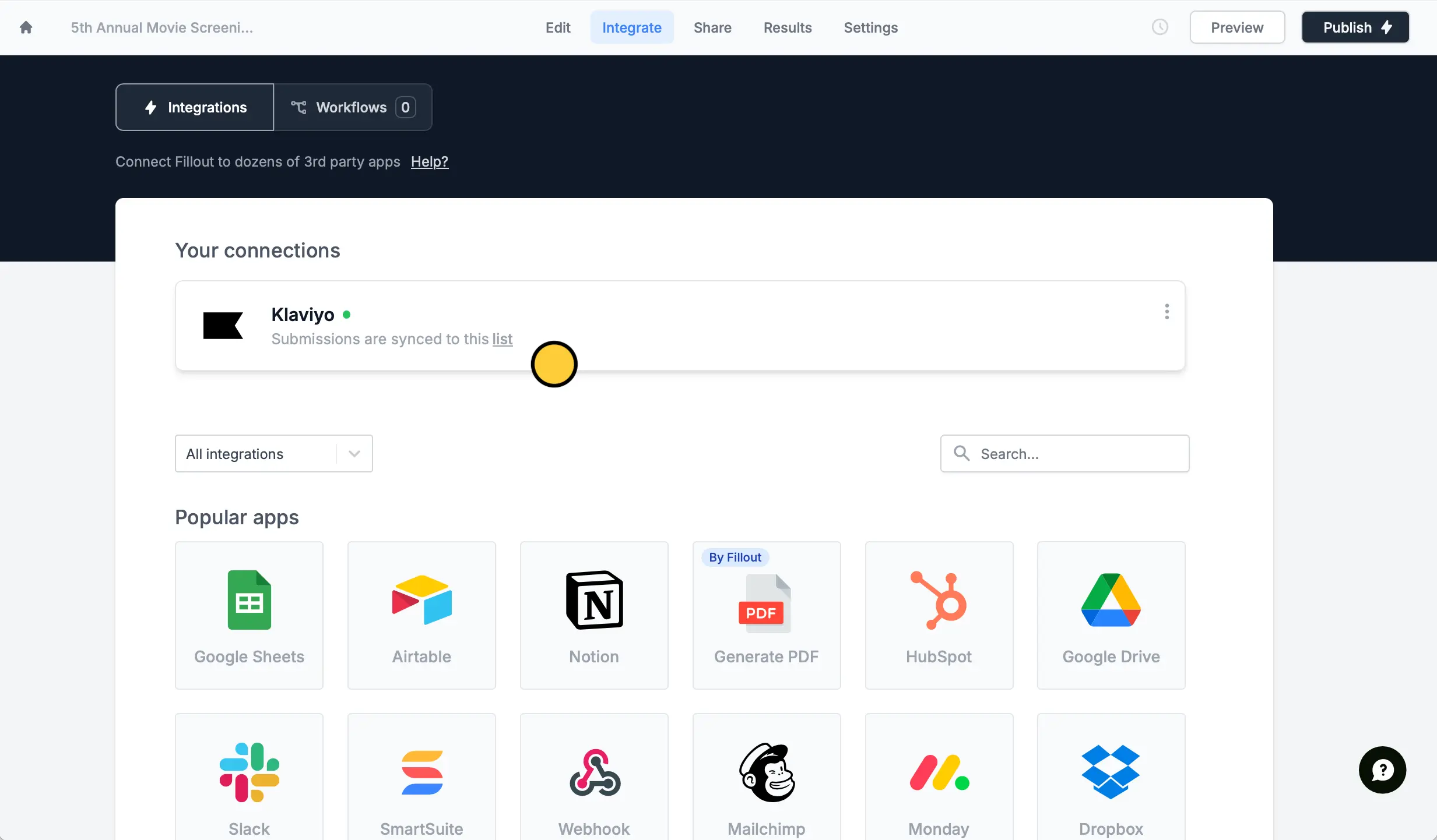 Screenshot of the Integrate tab of a form