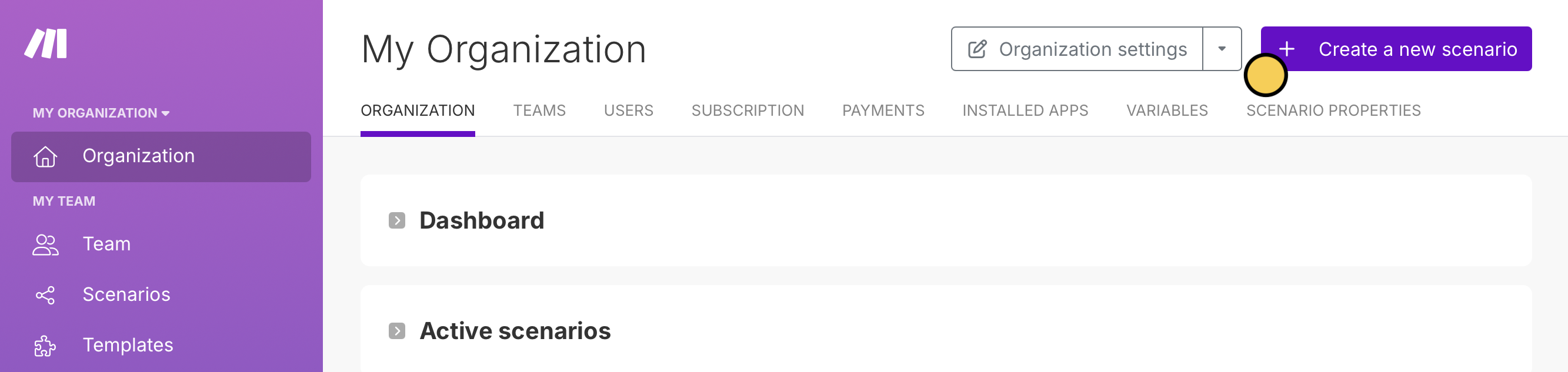 Screenshot of the Make scenario creation page