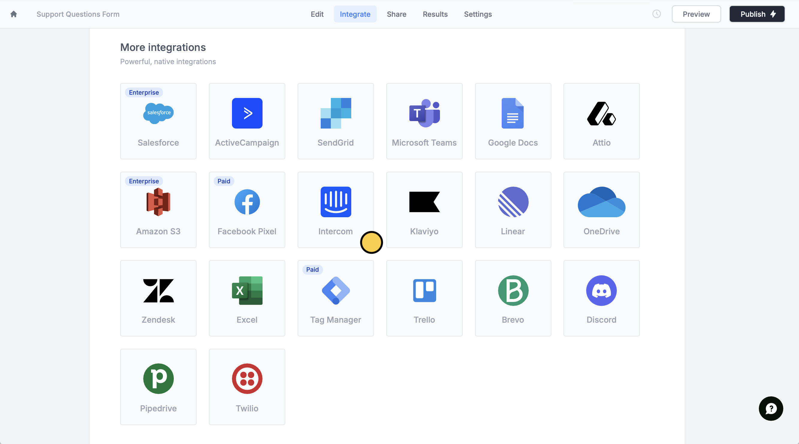 Screenshot of the Integrate page