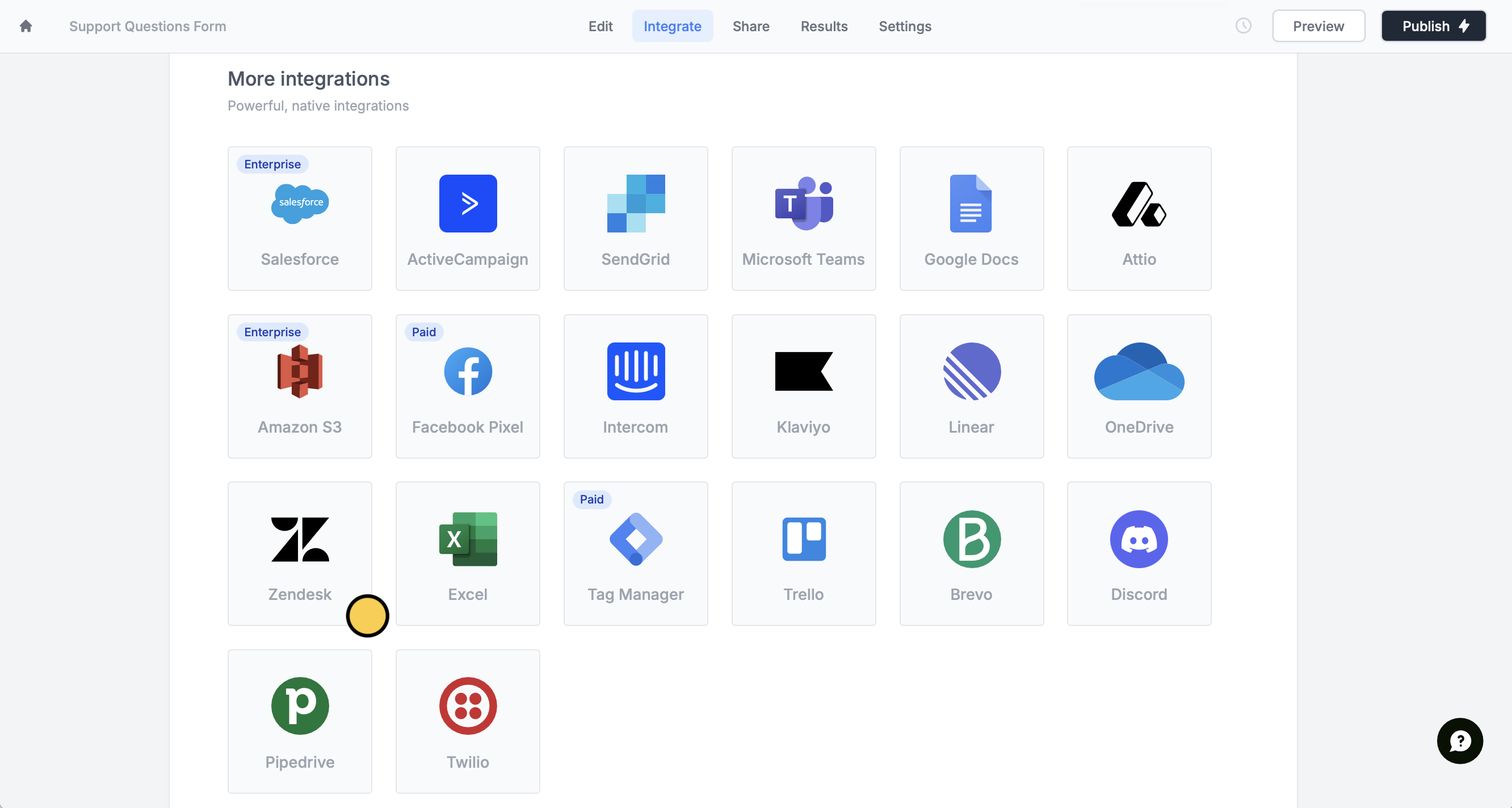 Screenshot of the Integrate page