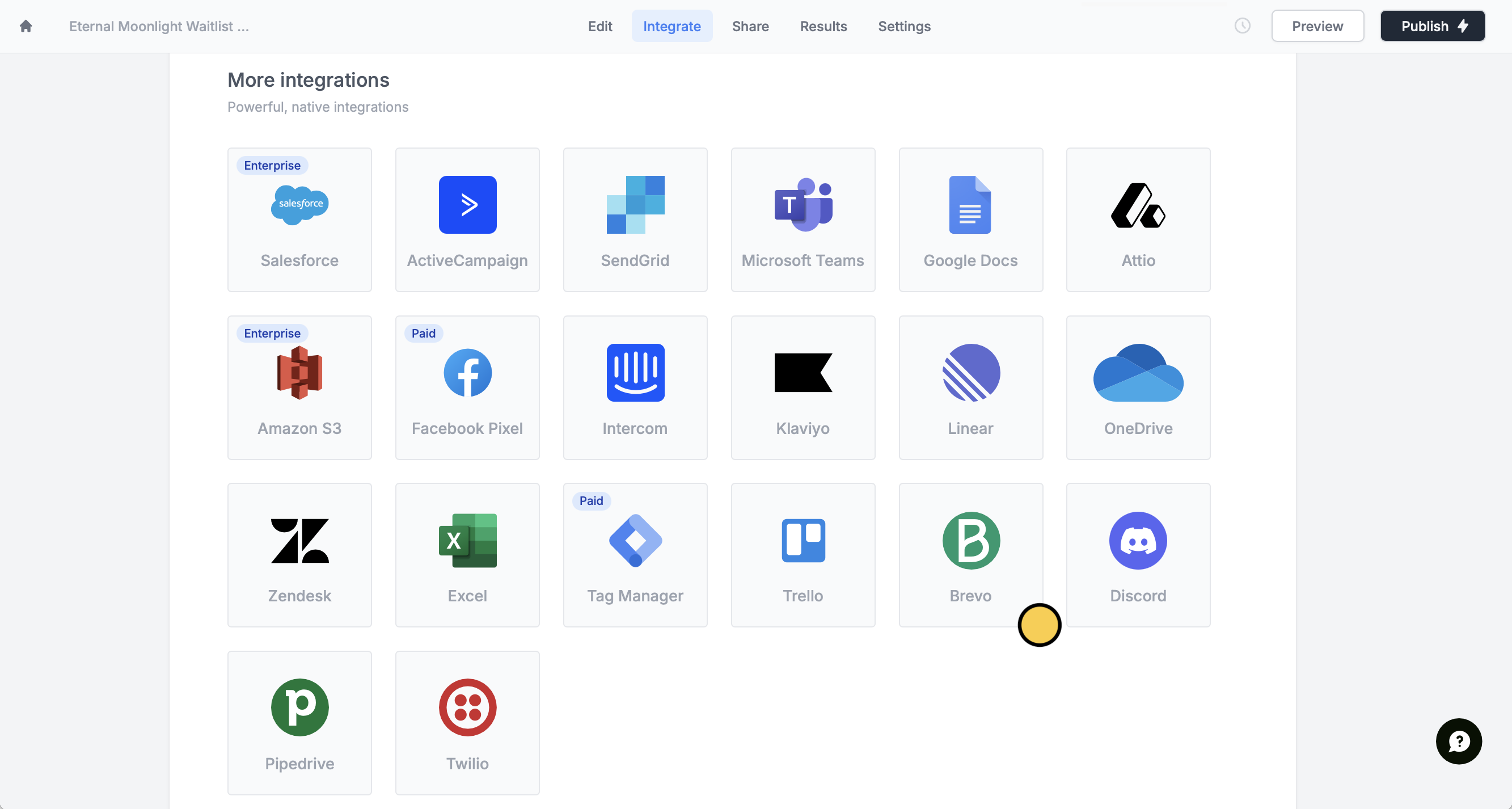 Screenshot of the Integrate tab of a form