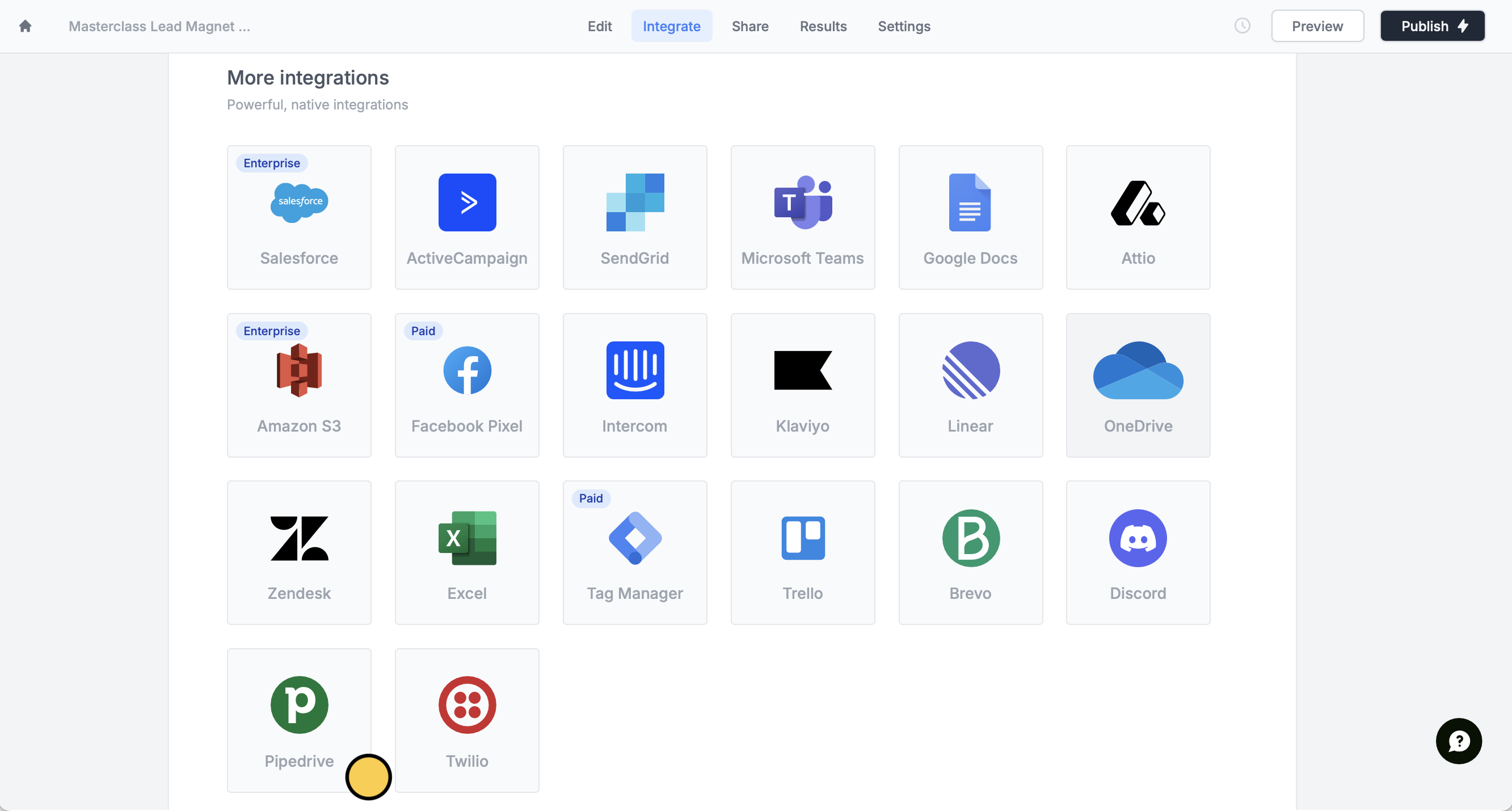 Screenshot of the Integrate tab of a form