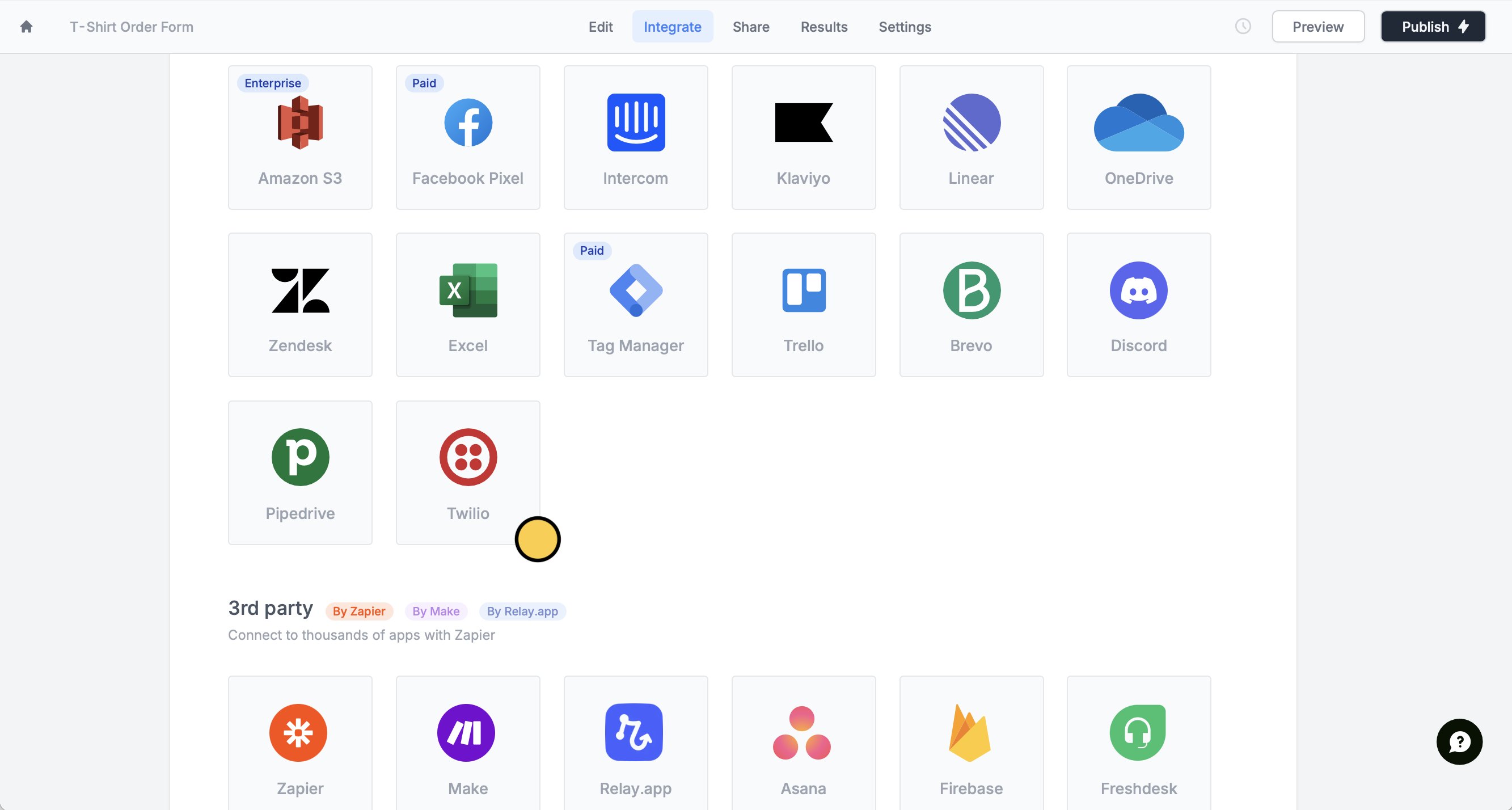 Screenshot of the Integrate tab of a form