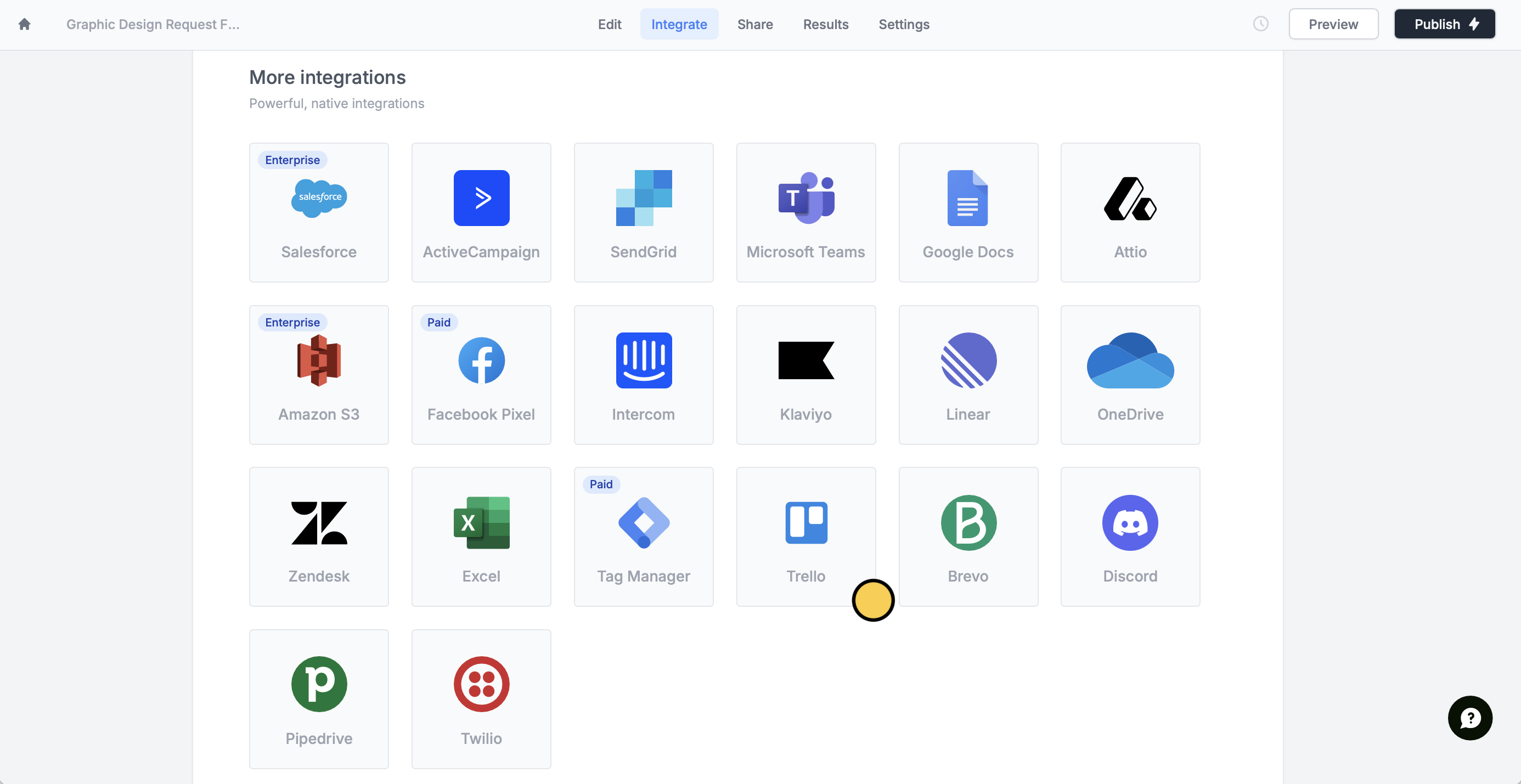 Screenshot of the Integrate tab of a form