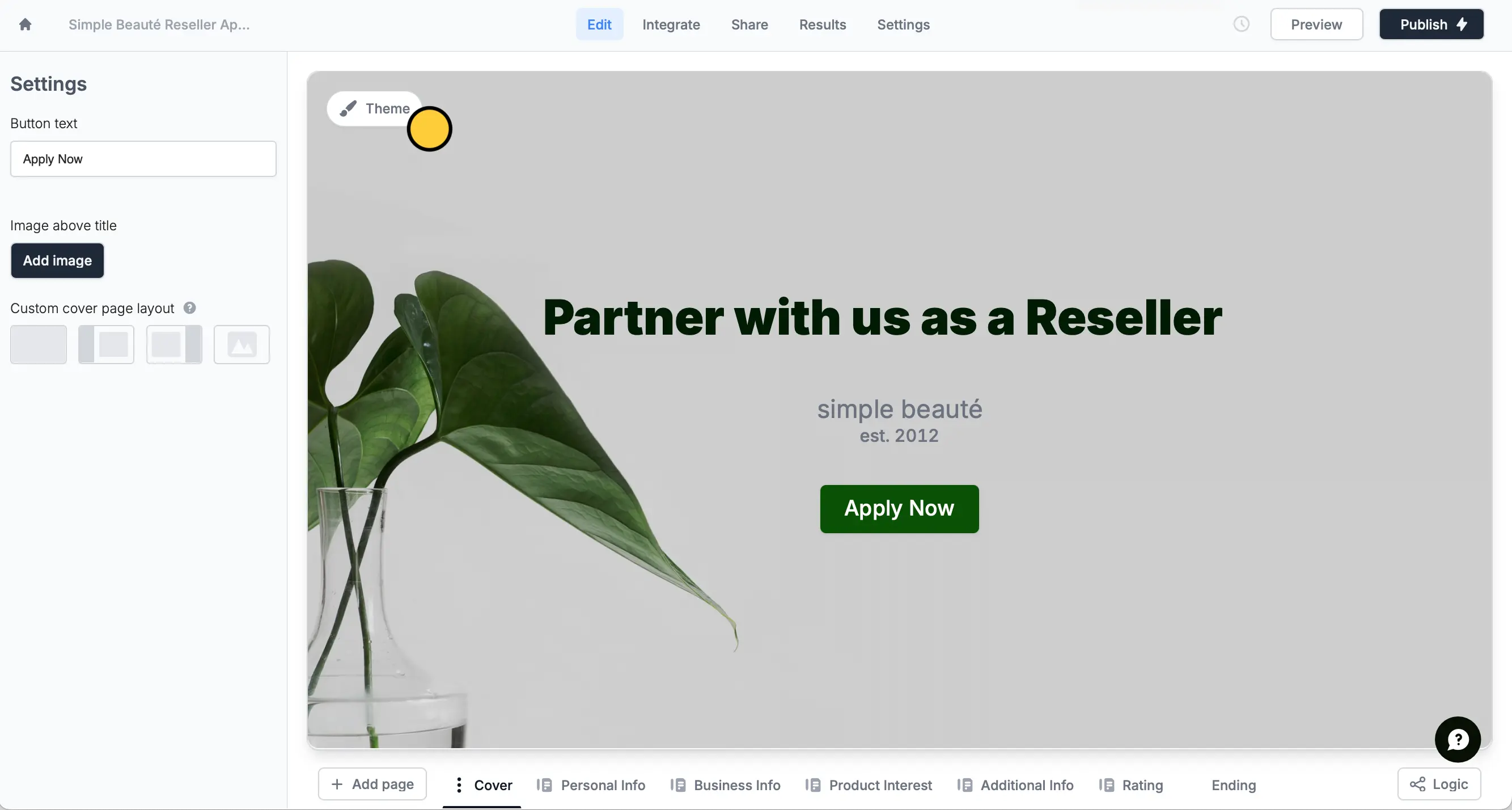 Screenshot of the Theme tab of a form