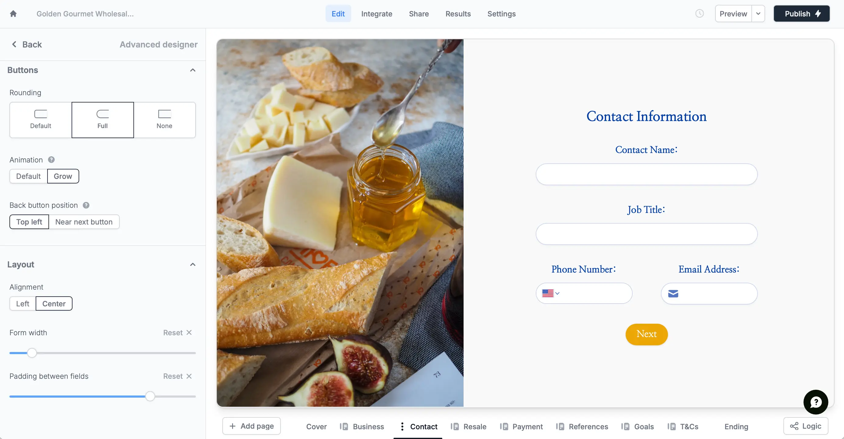 Screenshot of the Form designer tab of a form