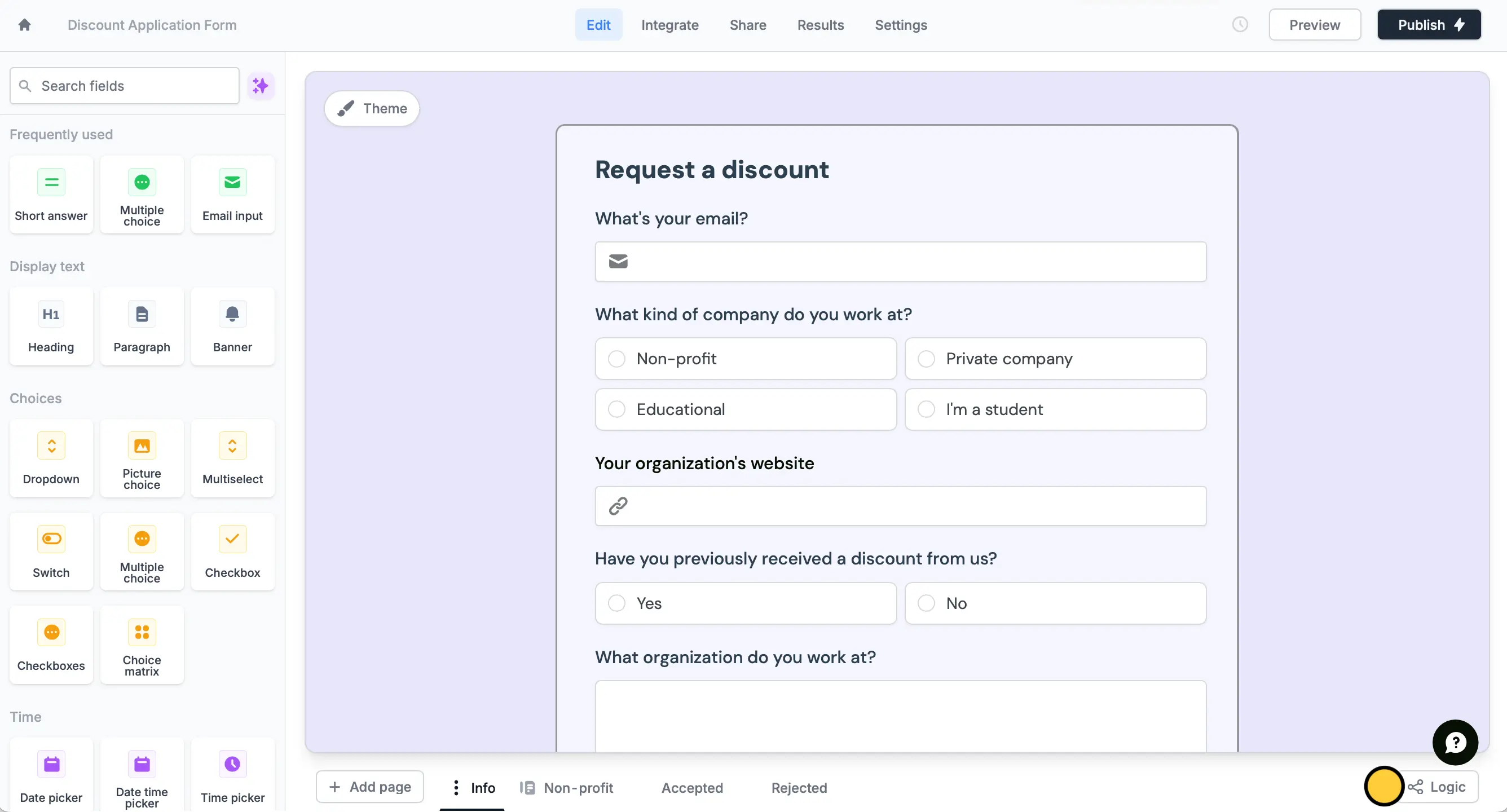 Screenshot of the Logic tab of a form