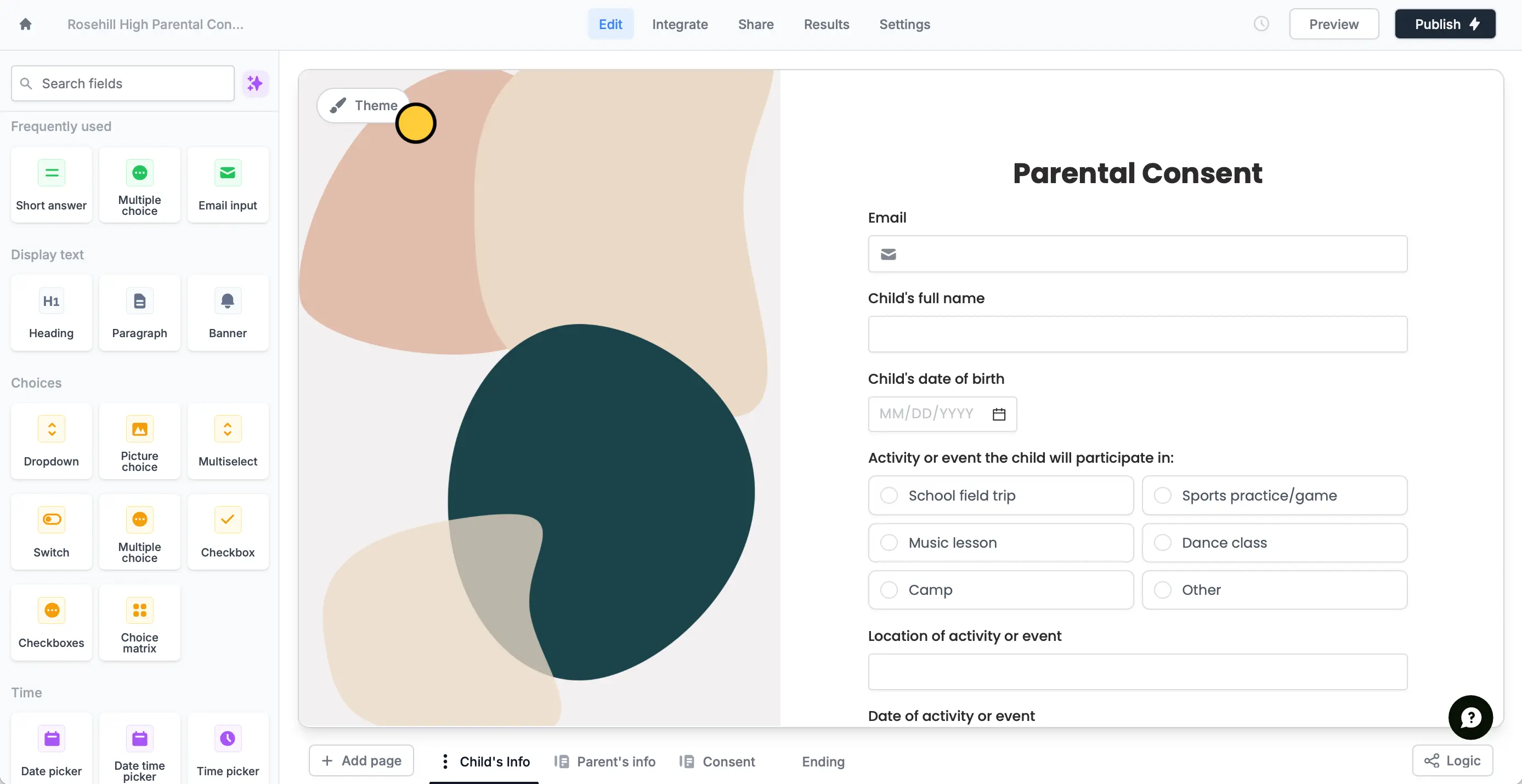 Screenshot of the Form designer tab of a form