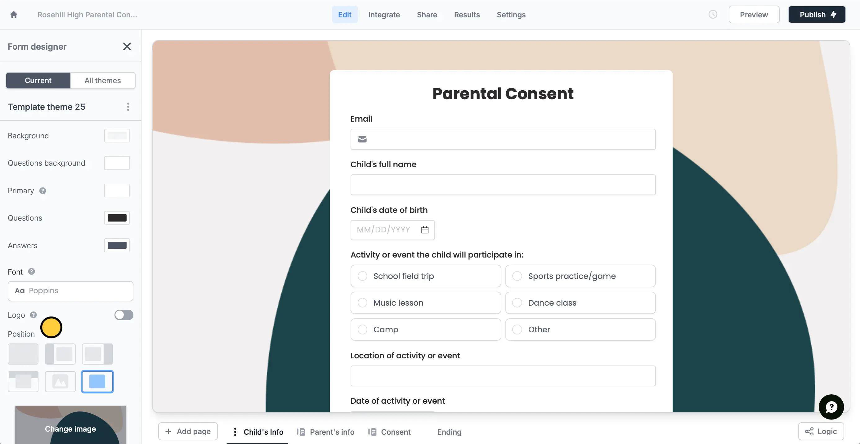 Screenshot of the Form designer tab of a form