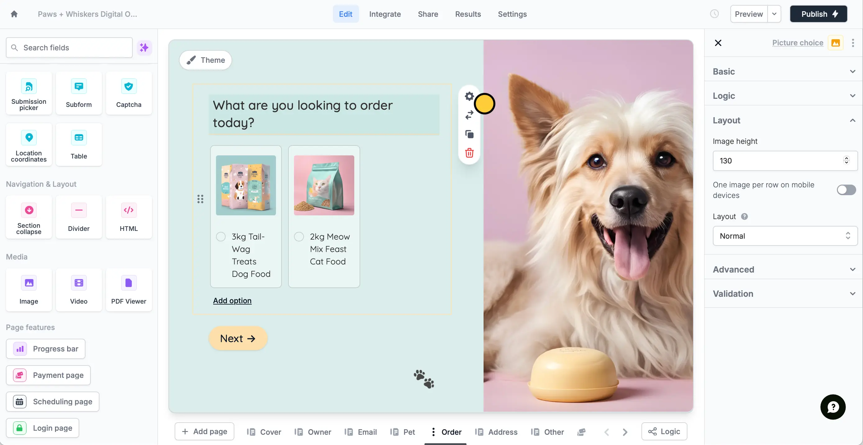 Screenshot of the Form designer tab of a form