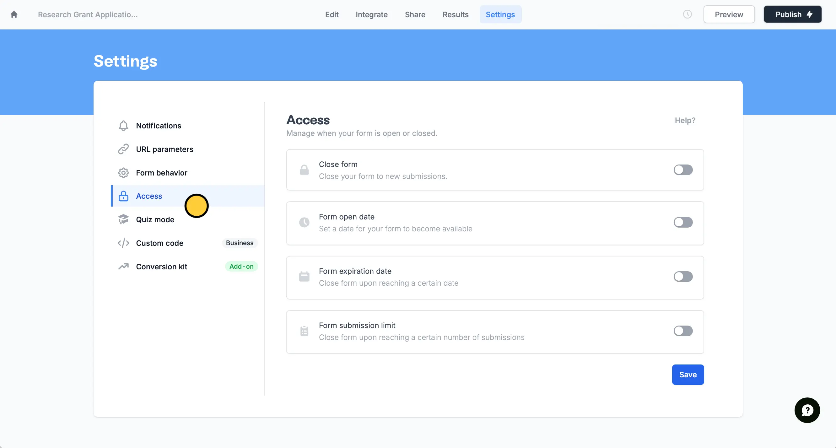 Screenshot of the Access tab of a form