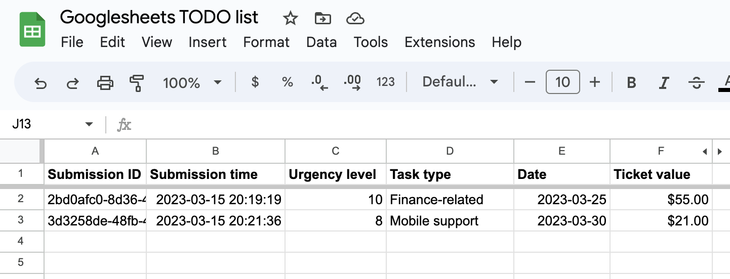 Screenshot of the Google Sheets form creation page
