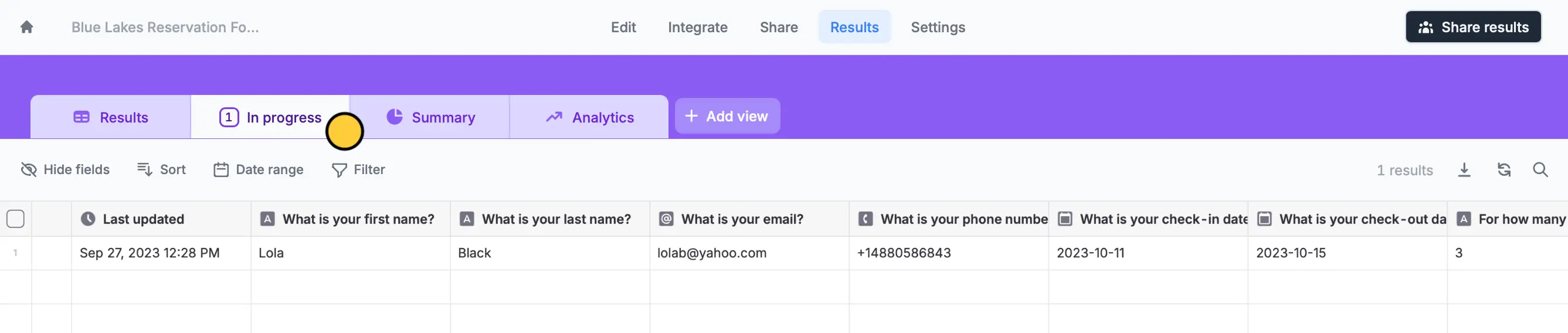 Screenshot of the Results page of a form