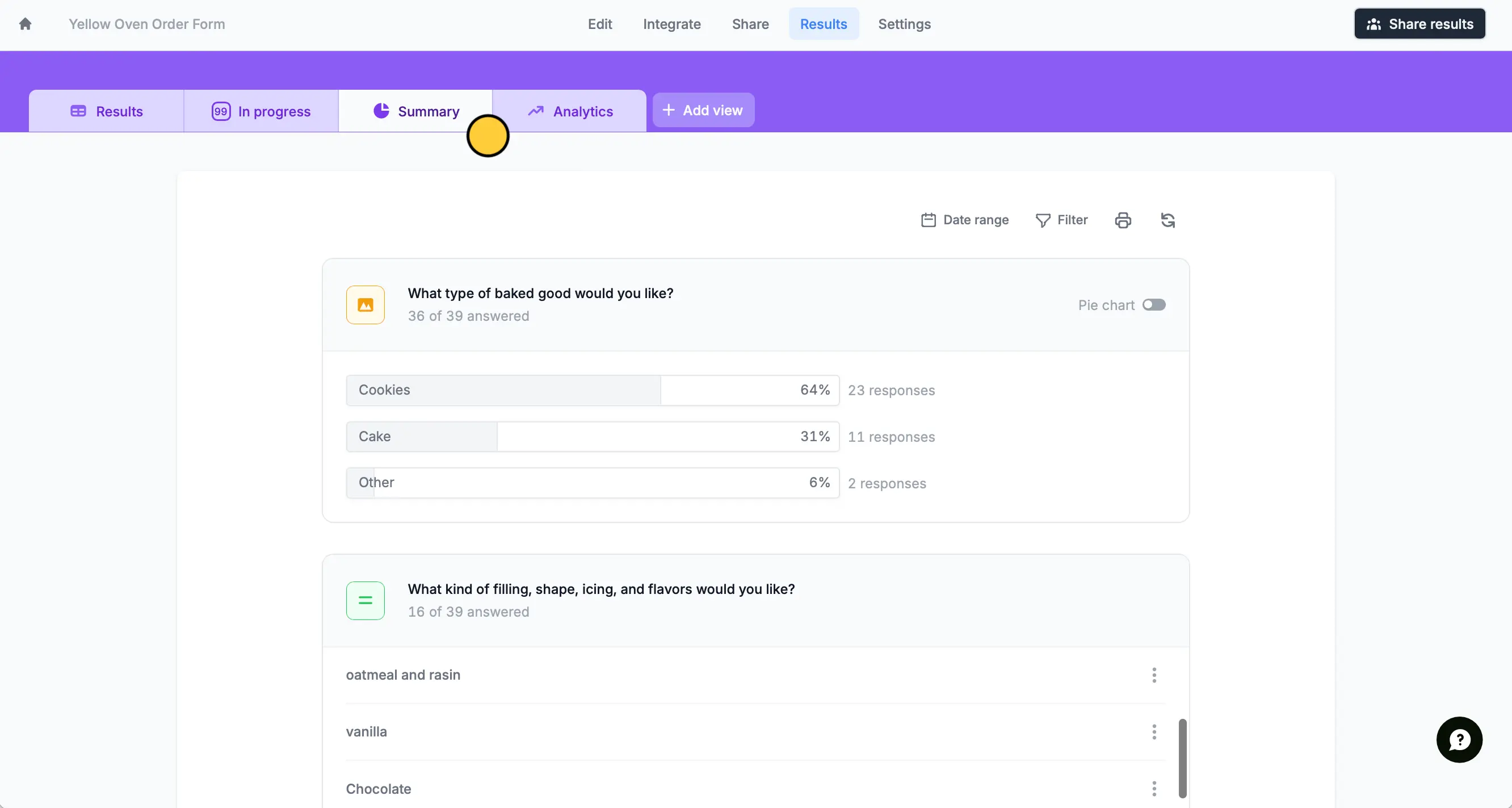 Screenshot of the Results page of a form