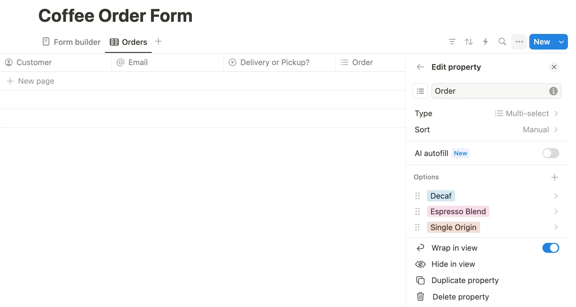 Screenshot of the Notion form creation page