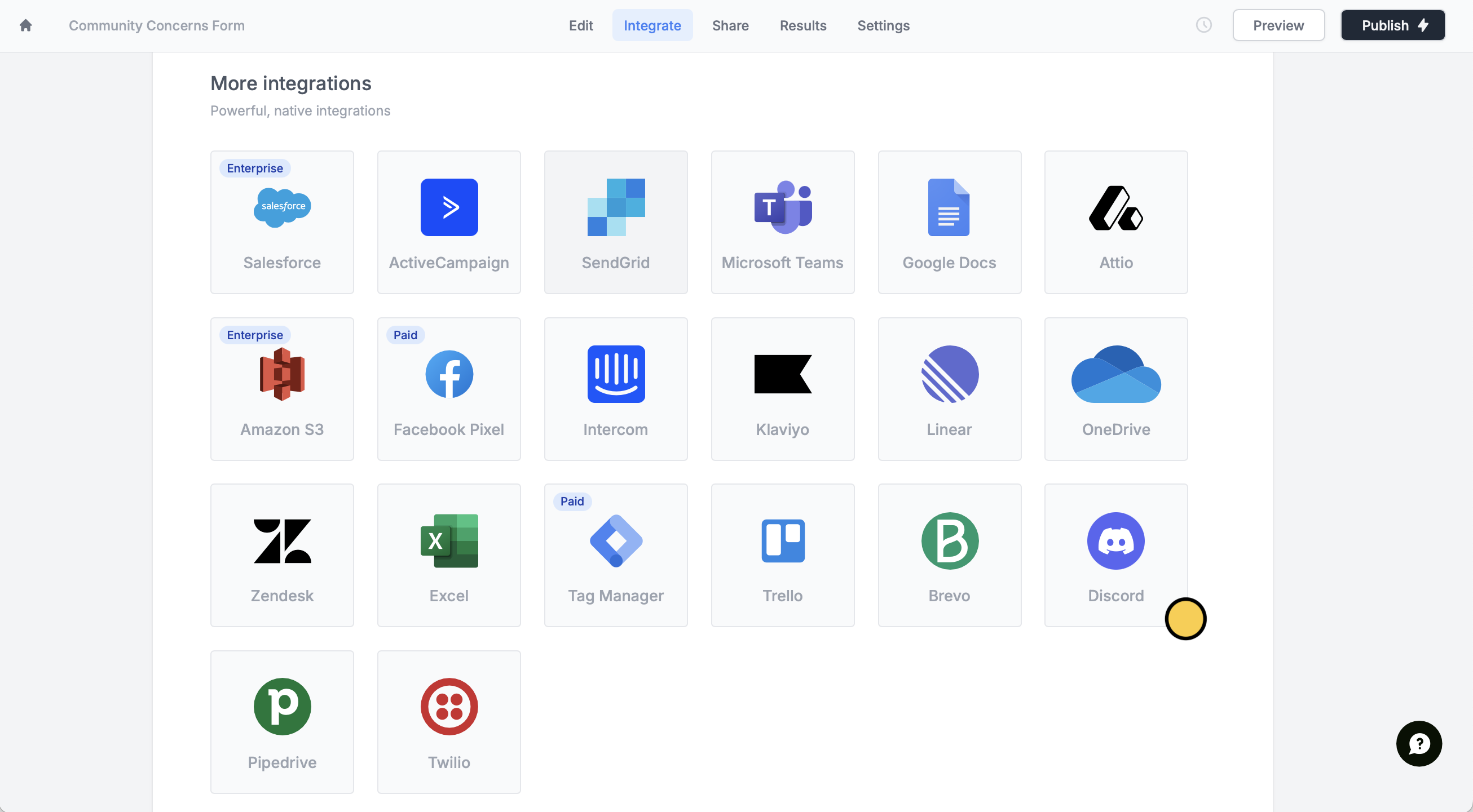 Screenshot of the Integrate tab of a form