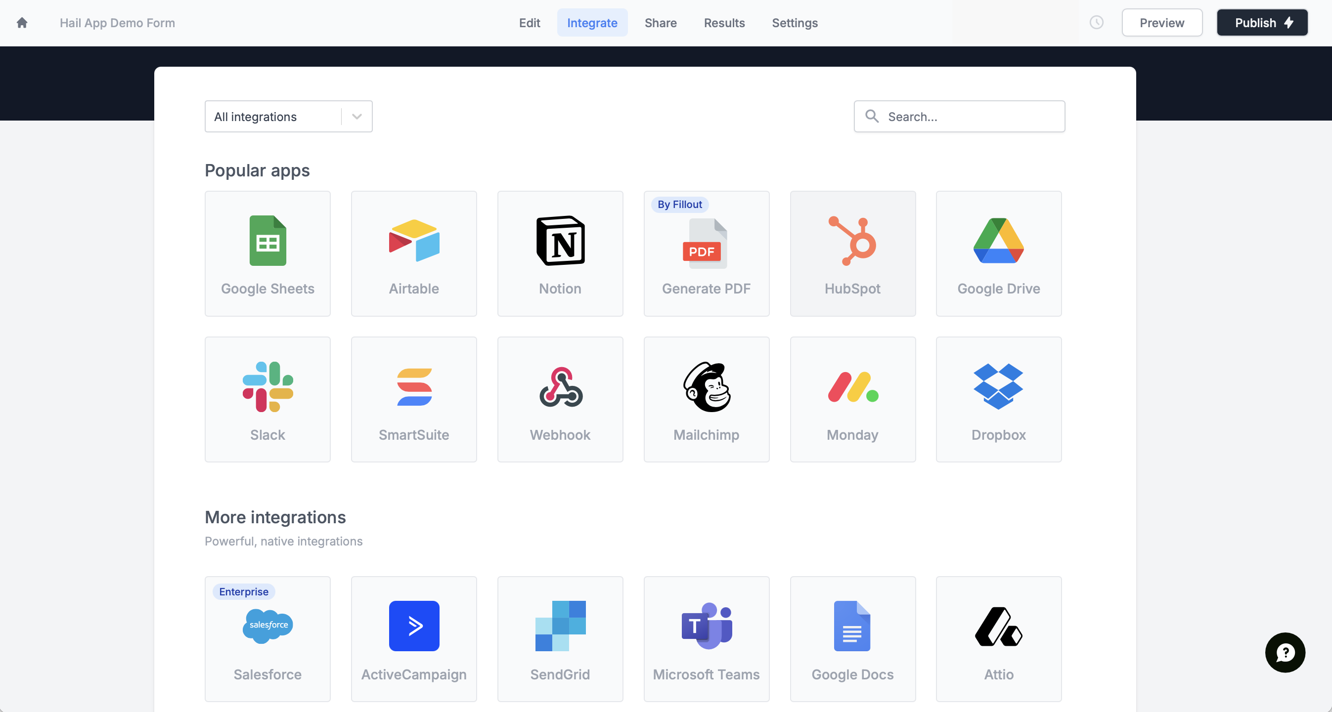 Screenshot of the Fillout form creation page