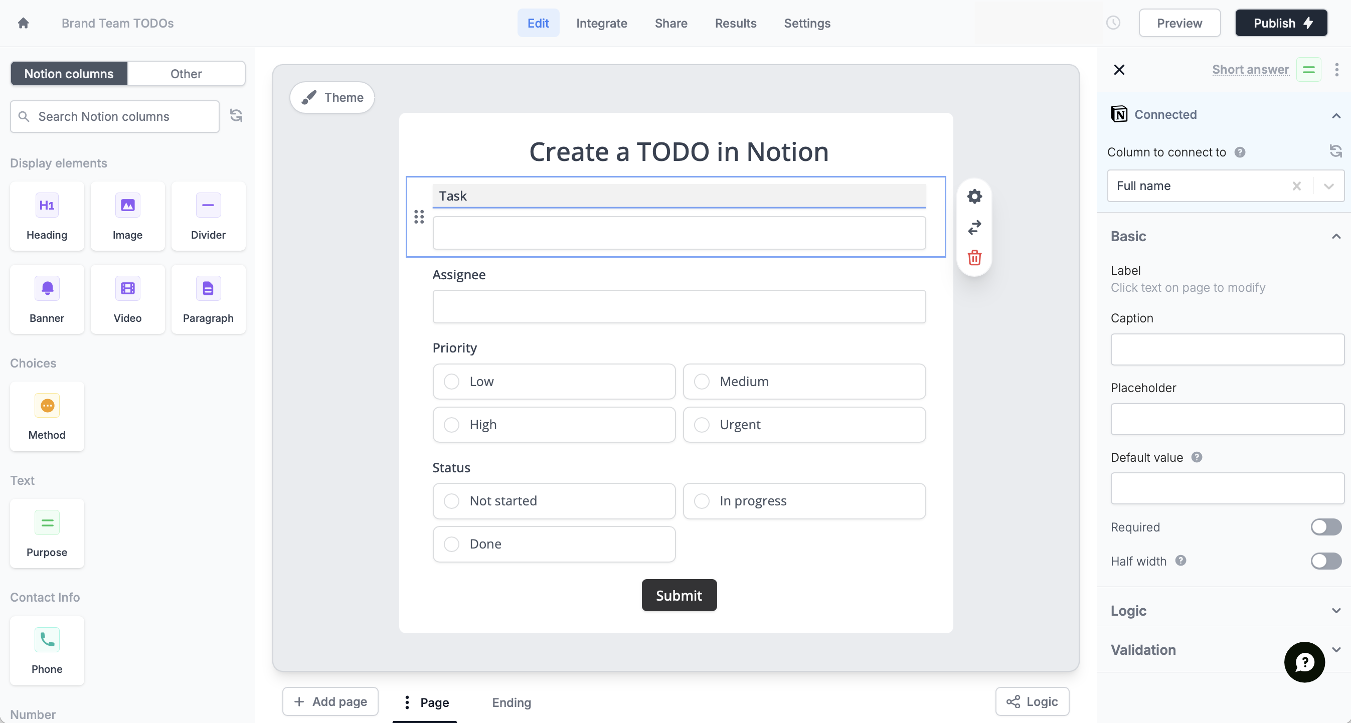 Screenshot of the Fillout form creation page