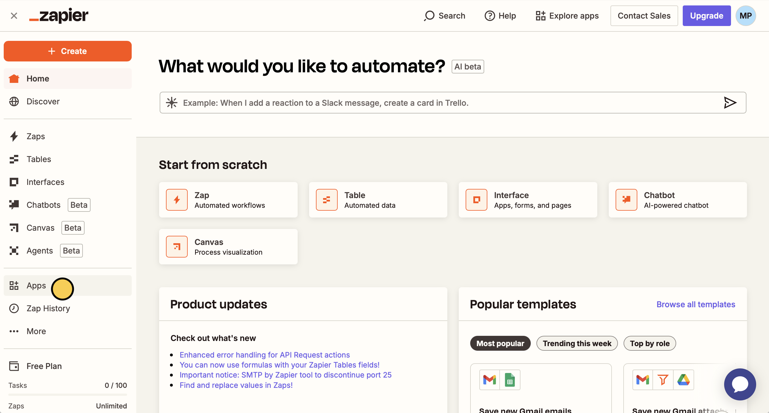 Screenshot of the Zapier apps page
