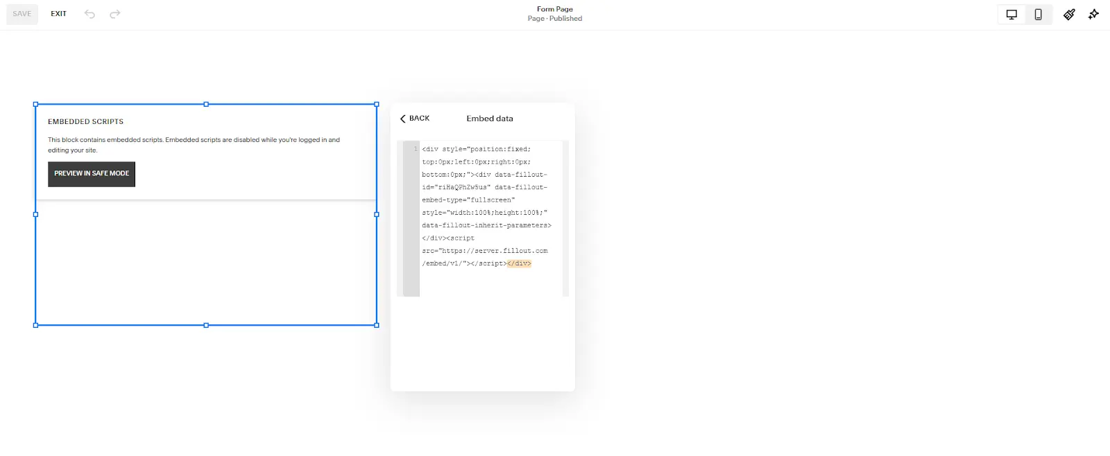 Screenshot of the Embed block in Squarespace