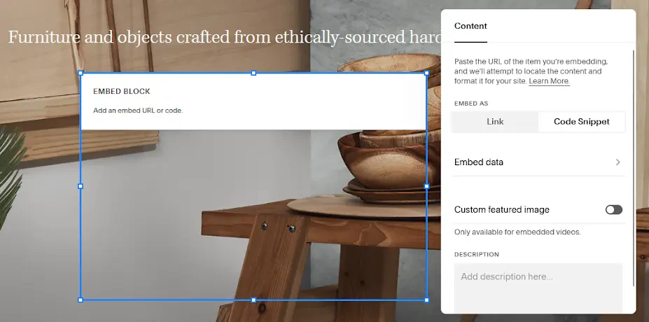 Screenshot of the Embed block in Squarespace