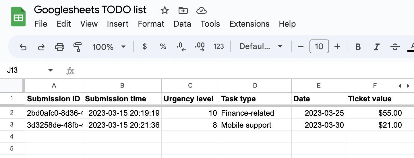 Screenshot of the Google Sheets form creation page