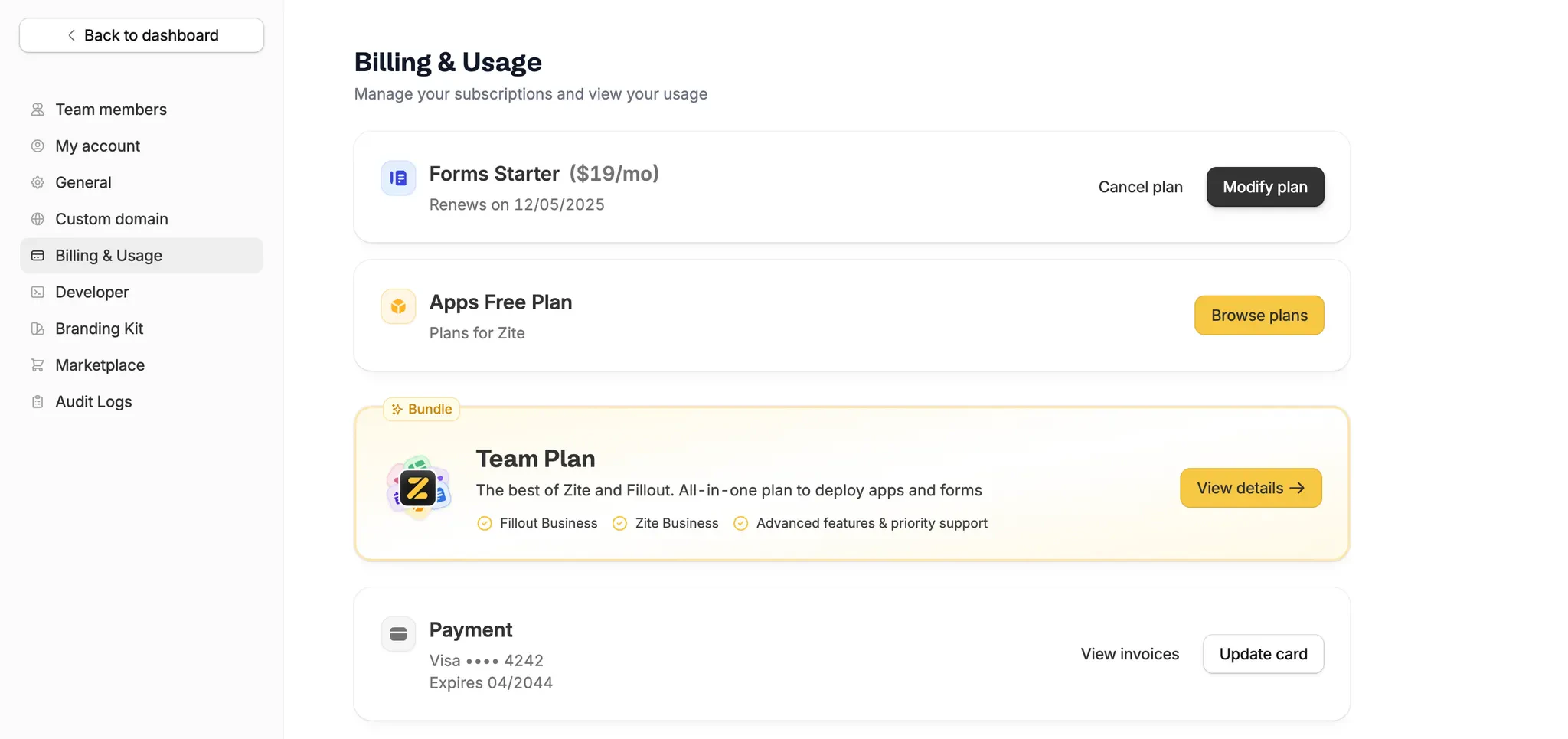 Unified billing and usage page showing Team plan and all product subscriptions in one place