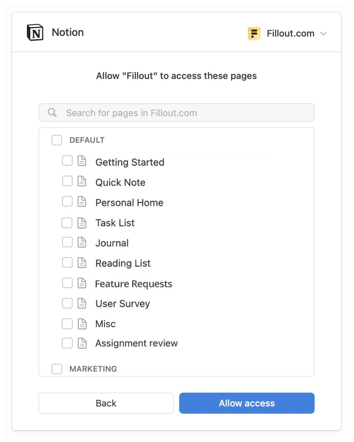 Screenshot of the Notion form creation page