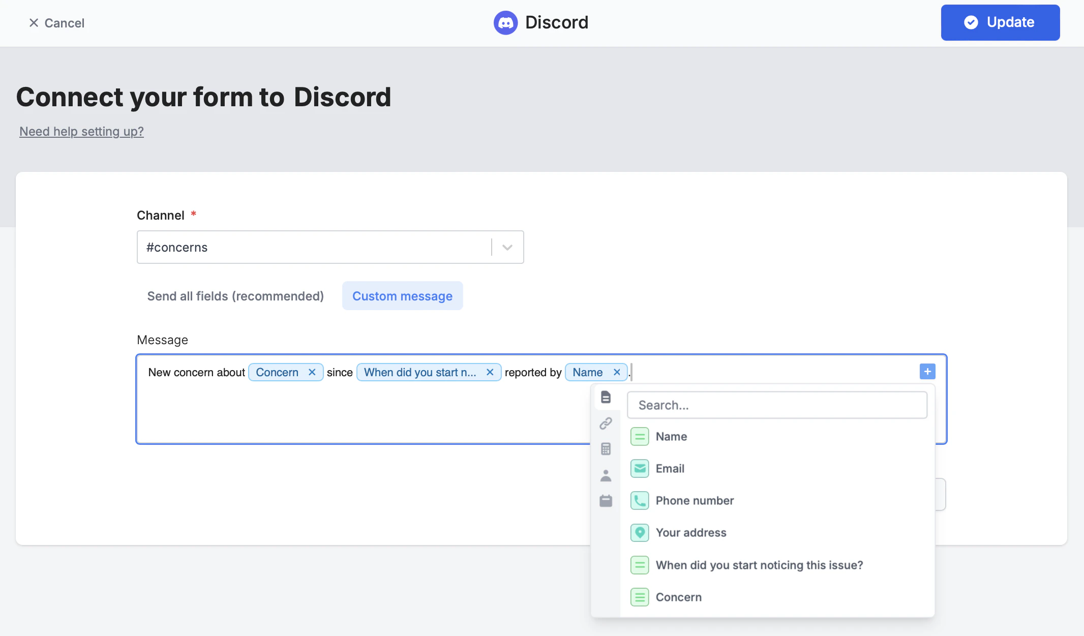 Screenshot of the Integrate tab of a form