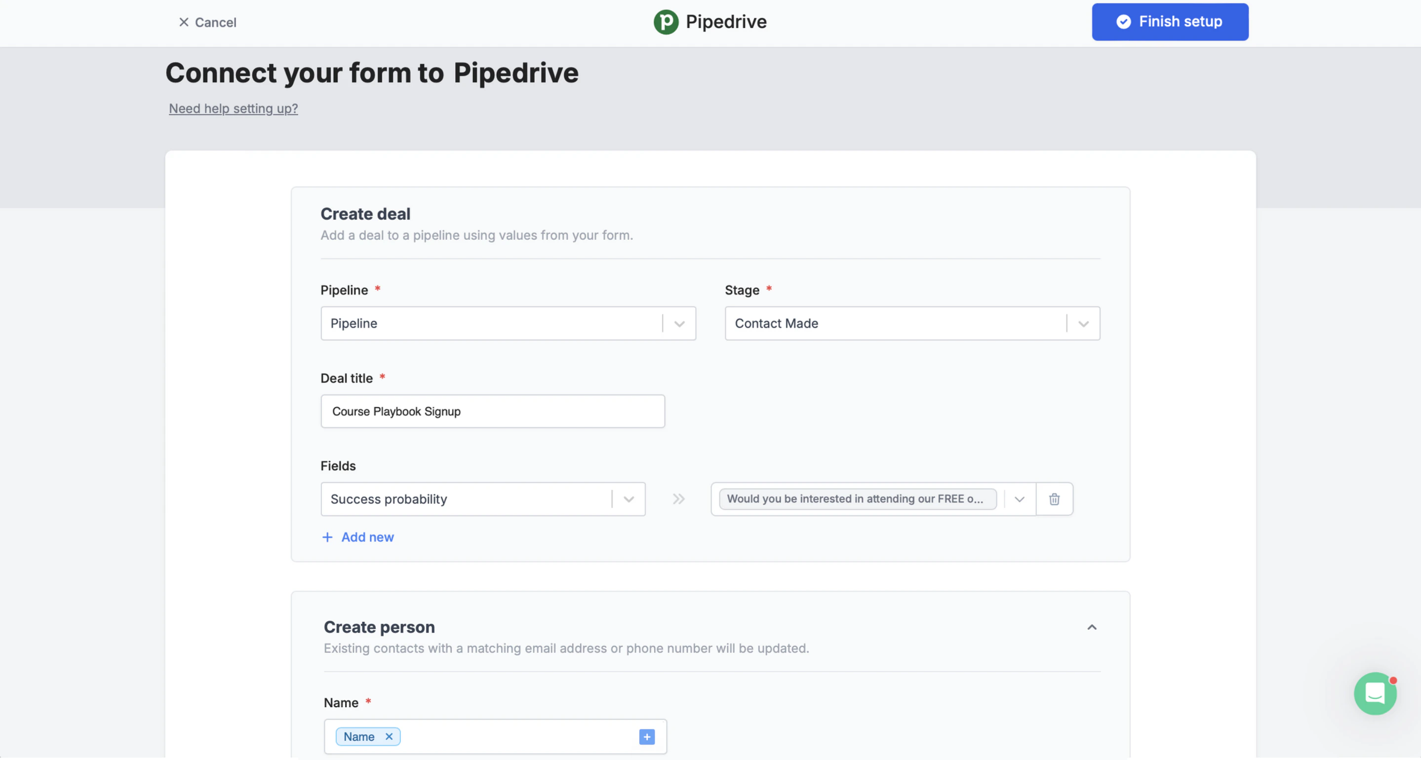 Screenshot of the Integrate tab of a form