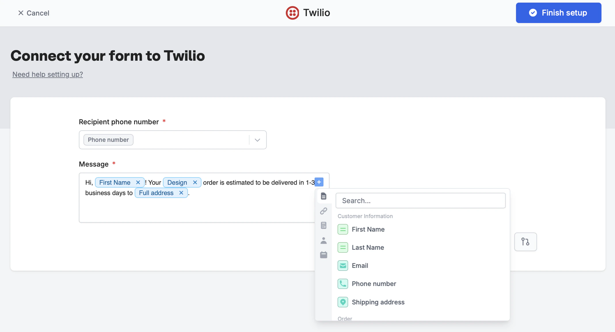 Screenshot of the Integrate tab of a form