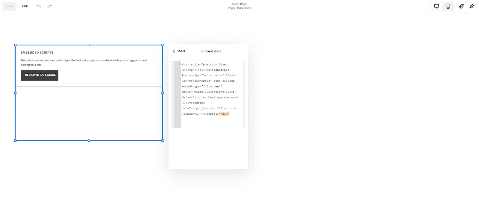 Screenshot of the Embed block in Squarespace