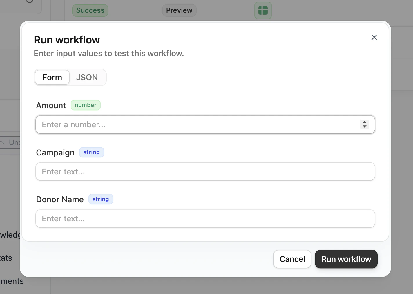 Test run modal with form fields and JSON mode