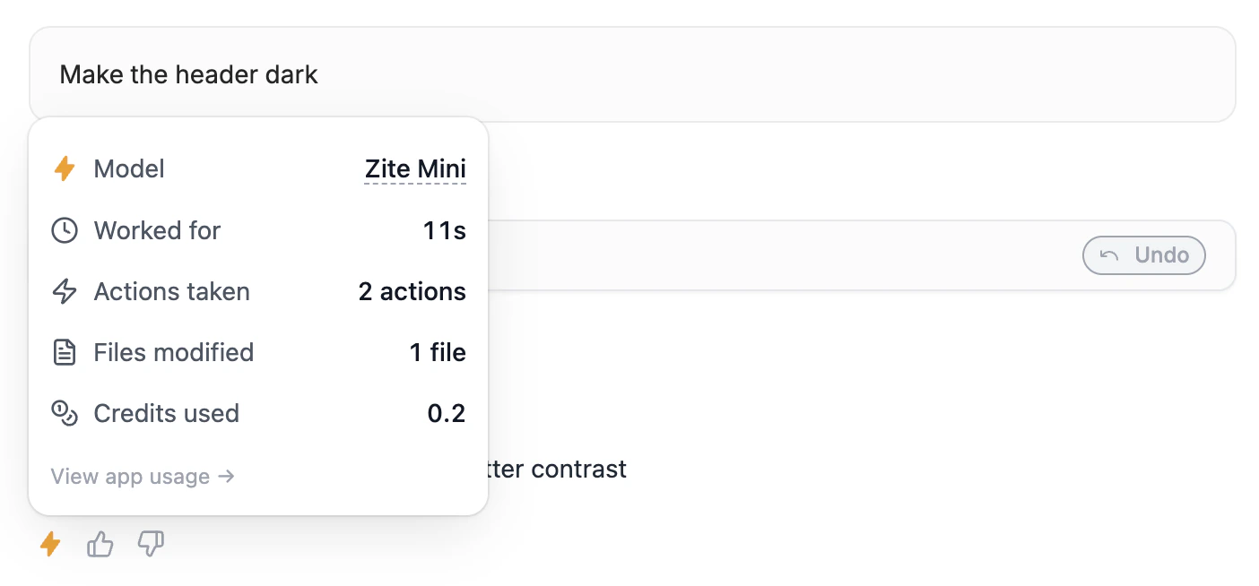 Message usage details showing model, time, and credits used